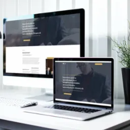 Prezentacja responsywnej strony internetowej kancelarii prawnej na monitorze i laptopie, minimalistyczne biurko z lampą i rośliną w tle.