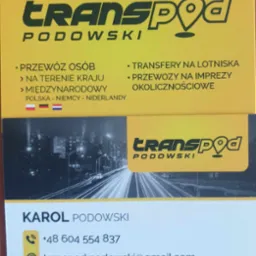 Wizytówka firmy transportowej TransPod Podowski z ofertą przewozu osób na terenie kraju i międzynarodowego, transferów na lotniska oraz przewozów na imprezy okolicznościowe.