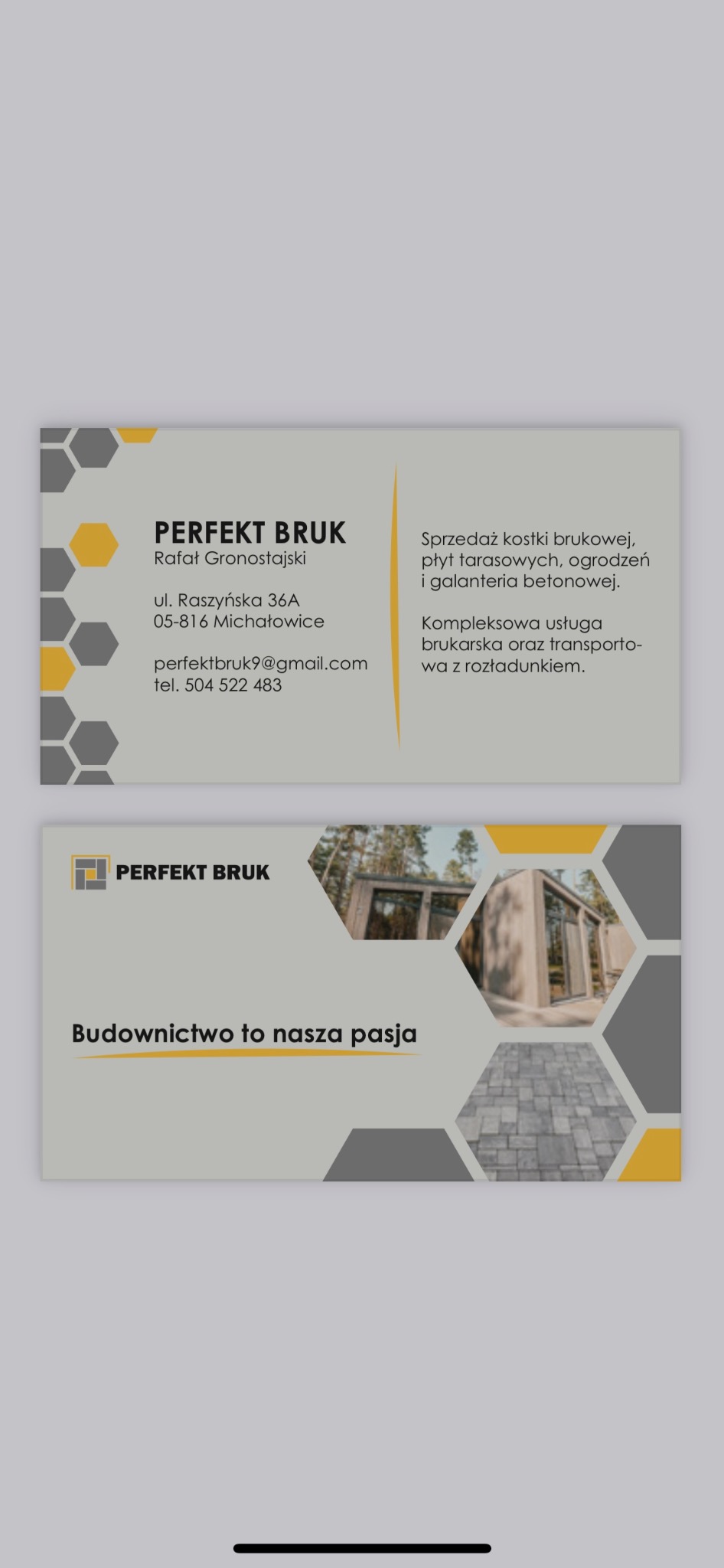 Wizytówka firmy brukarskiej Perfekt Bruk z Michałowic, oferującej sprzedaż kostki brukowej, płyt tarasowych, ogrodzeń i galanterii betonowej oraz kompleksowe usługi brukarskie z transportem,...