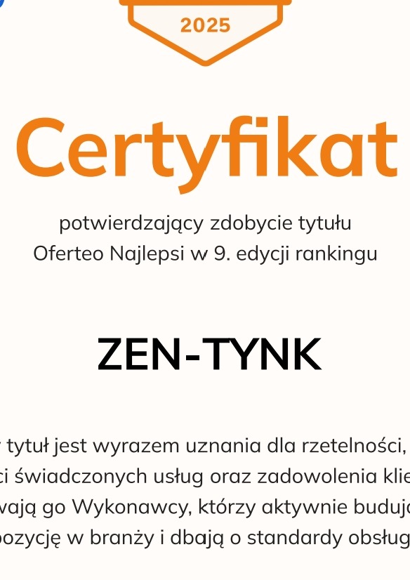 Certyfikat Oferteo Najlepsi 2025 dla ZEN-TYNK, potwierdzający wysoką jakość i rzetelność usług w 9. edycji rankingu. Uznanie dla wykonawcy budującego pozycję w branży.