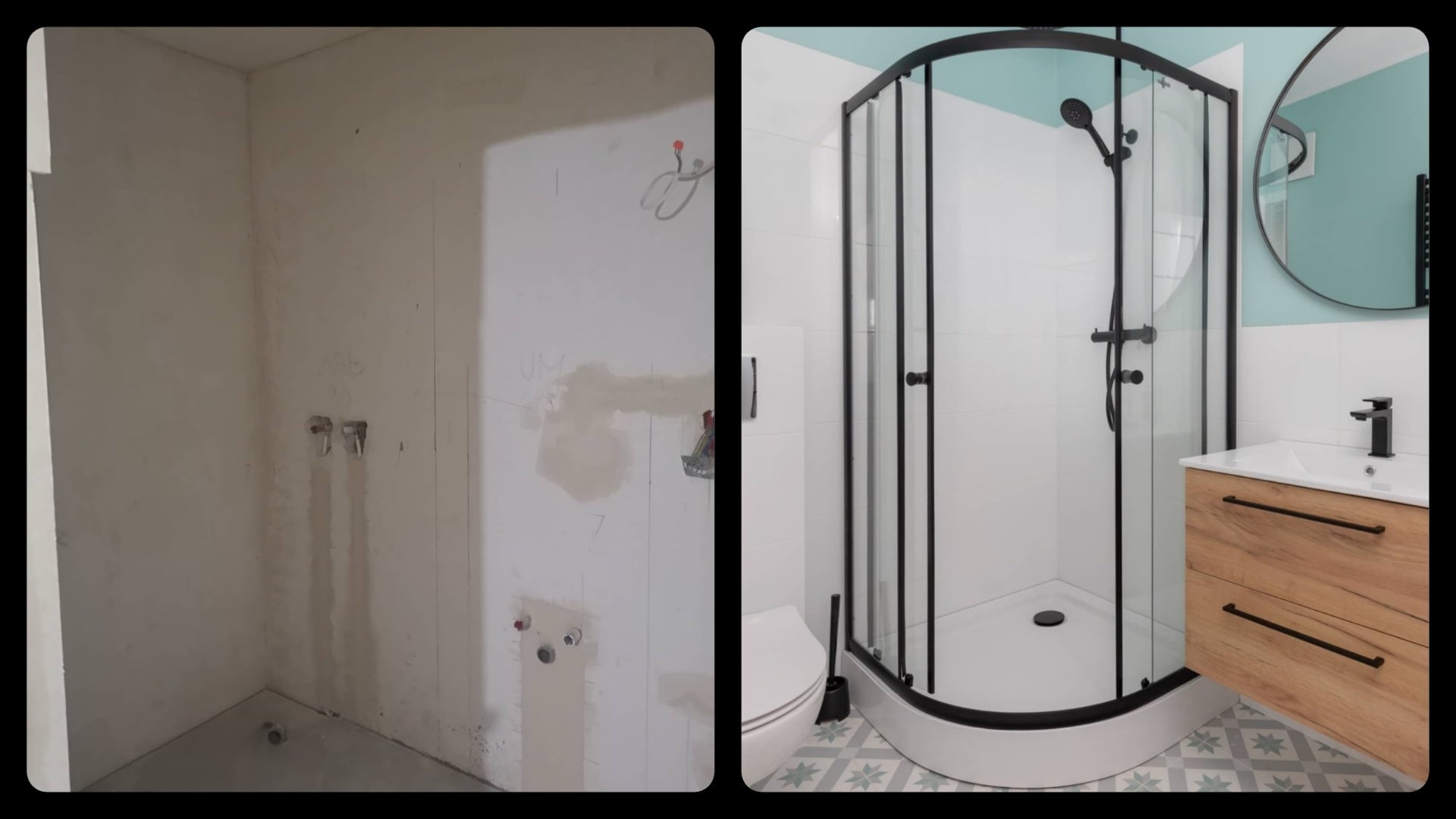 Porównanie stanu surowego i wykończonej łazienki w Warszawie, z kabiną prysznicową z czarnymi ramami, umywalką z szafką z drewnopodobnym frontem oraz wzorzystą podłogą.