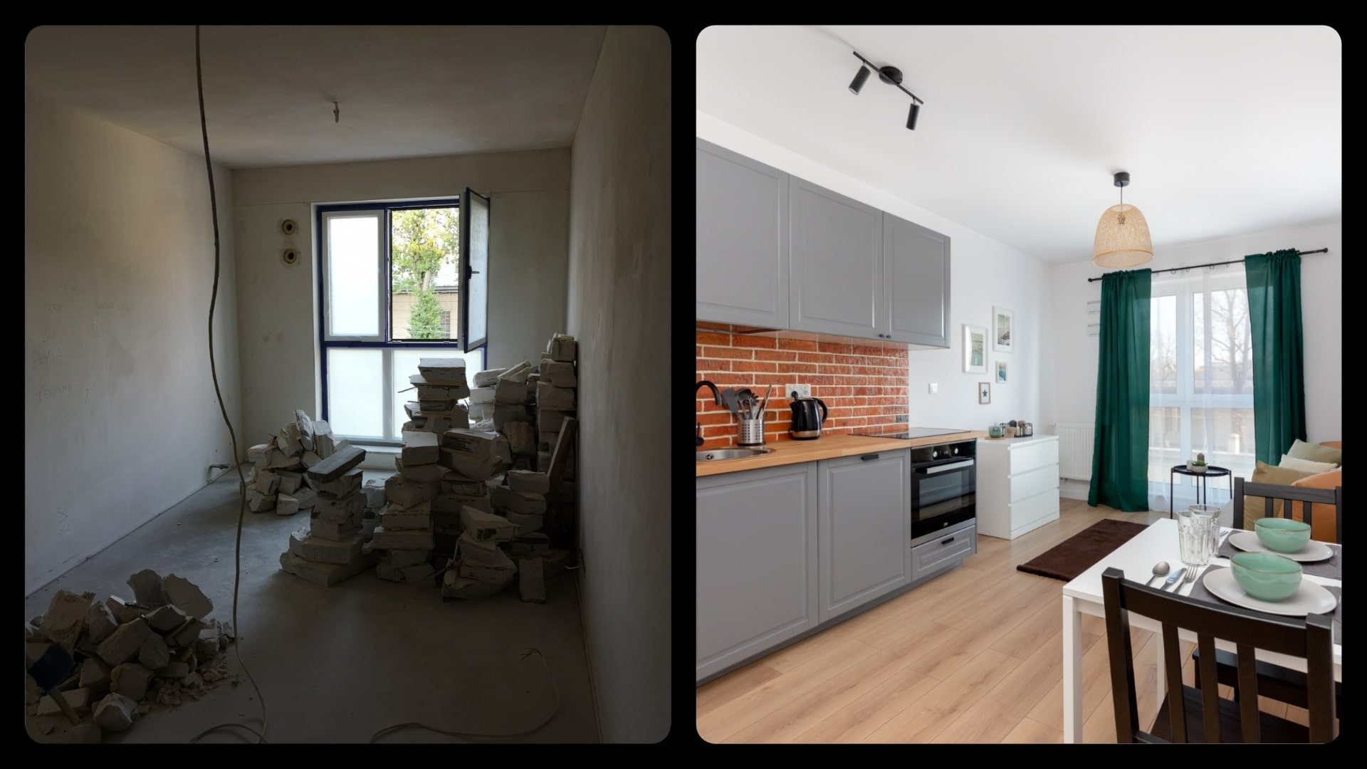 Porównanie pokoju przed i po: po lewej pokój w trakcie demontażu z gruzem, po prawej nowocześnie urządzona kuchnia z szarymi szafkami, ceglaną ścianą i drewnianym blatem.