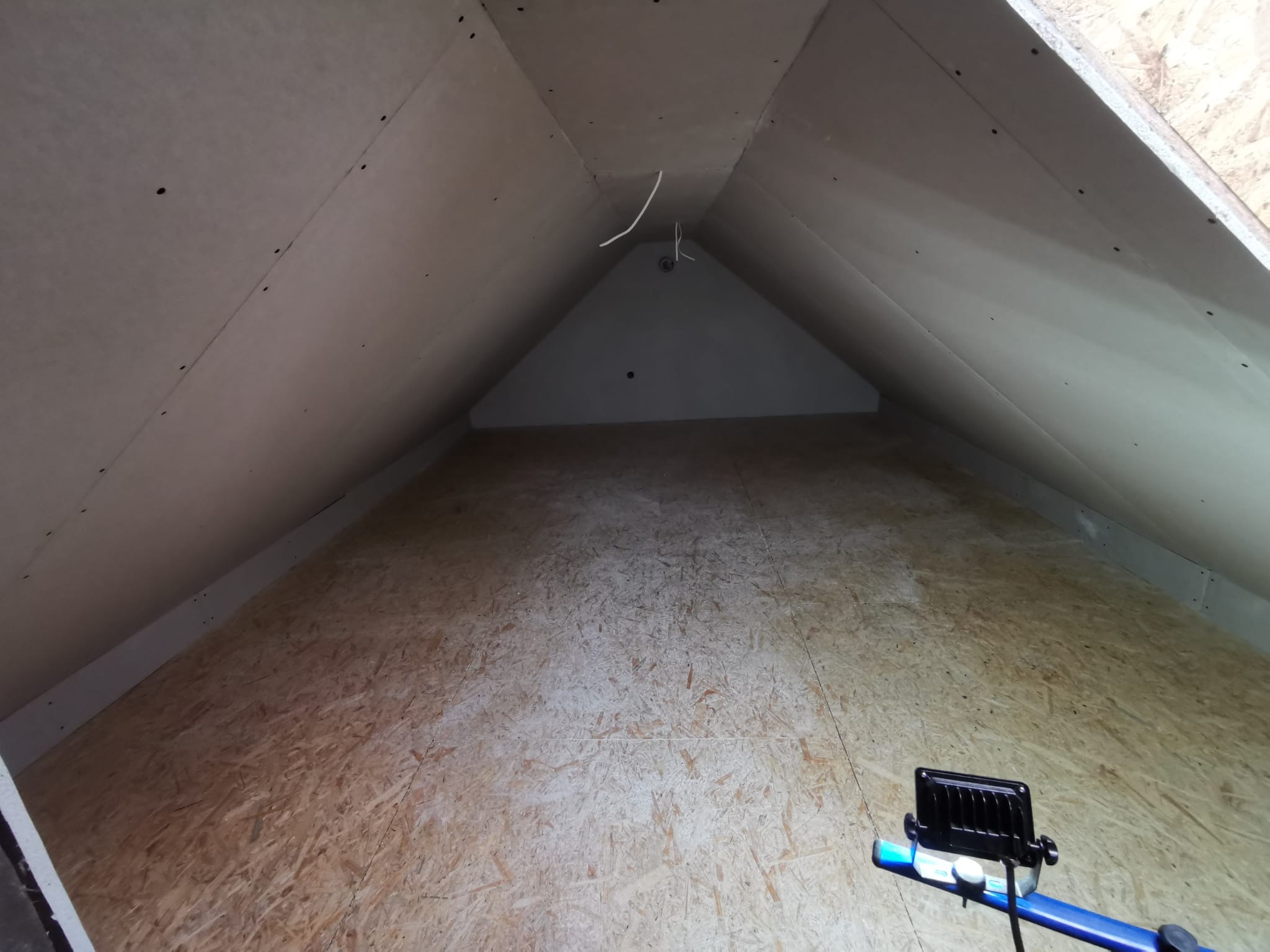 Poddasze z płytami karton-gips na skosach i podłodze z płyt OSB, oświetlone lampą roboczą. Widoczne przewody elektryczne.