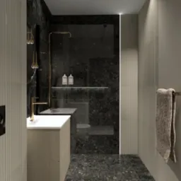 Wizualizacja łazienki z kabiną prysznicową za szkłem, umywalką z szafką, czarną armaturą i marmurowymi płytkami na ścianach oraz podłodze, oświetlona listwą LED.