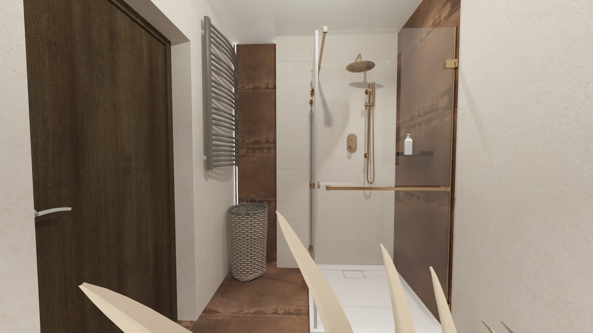 Wizualizacja 3D łazienki z kabiną prysznicową typu walk-in z elementami w kolorze miedzi, grzejnikiem drabinkowym i koszem wiklinowym na pranie.