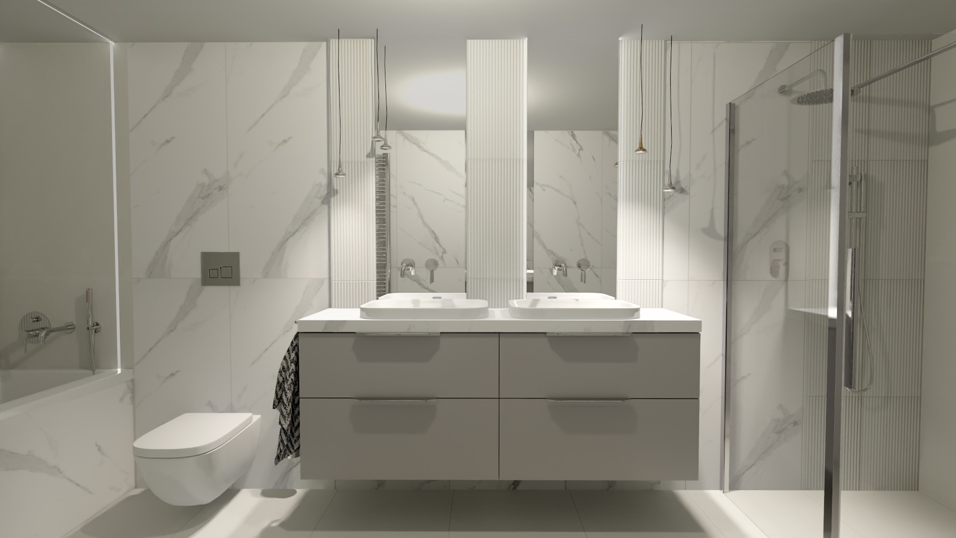 Wizualizacja łazienki: białe marmurowe płytki, podwójna umywalka nablatowa na szarej szafce, wisząca toaleta, kabina prysznicowa ze szklanymi drzwiami.