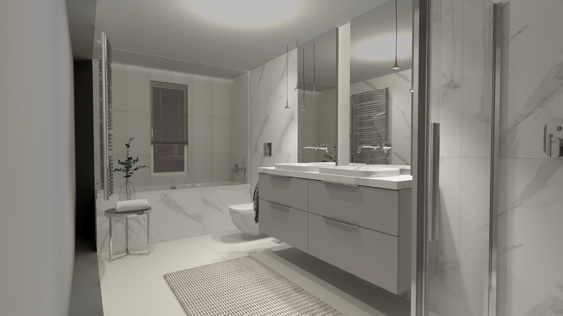 Wizualizacja nowoczesnej łazienki z marmurowymi ścianami, szarą szafką pod umywalką z dwiema umywalkami, grzejnikiem drabinkowym, wiszącymi lampami i kabiną prysznicową ze szklanymi drzwiami. W tle...