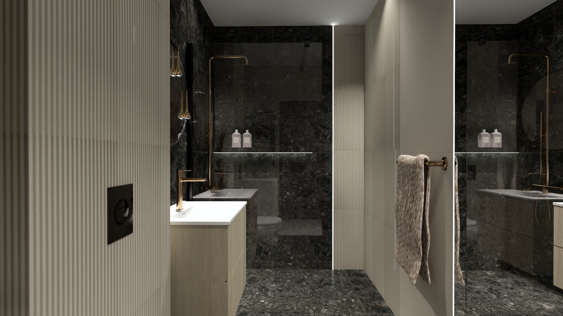 Wizualizacja łazienki z kabiną prysznicową za szkłem, umywalką z szafką, czarną armaturą i marmurowymi płytkami na ścianach oraz podłodze, oświetlona listwą LED.