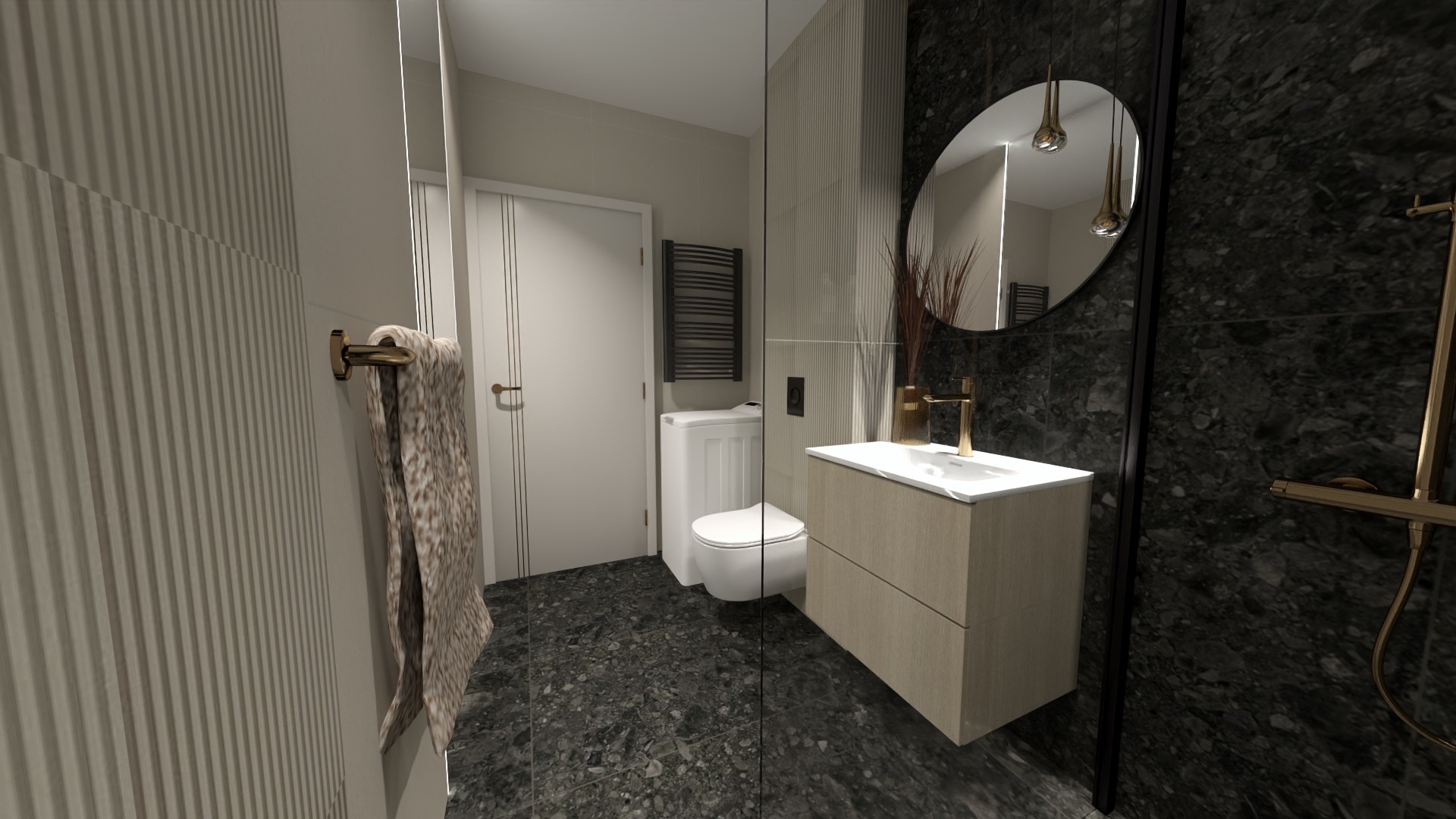 Wizualizacja nowoczesnej łazienki z umywalką na szafce z jasnego drewna, owalnym lustrem z dekoracyjnymi lampami, toaletą, pralką i grzejnikiem drabinkowym na tle ciemnych, marmurkowych płytek.