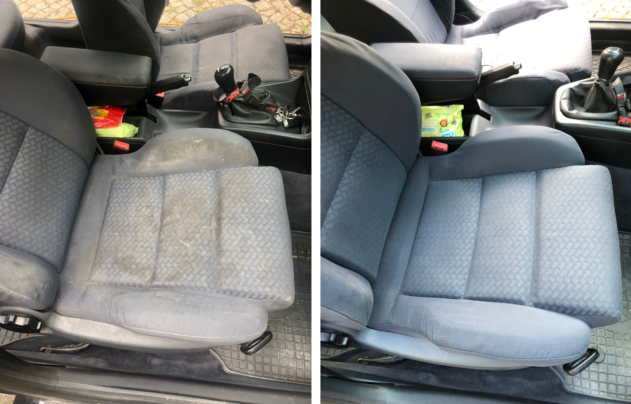 Fotografia przedstawia fotel samochodowy w dwóch ujęciach: po lewej stronie zabrudzony, po prawej wyczyszczony, ukazując wyraźną różnicę w wyglądzie.