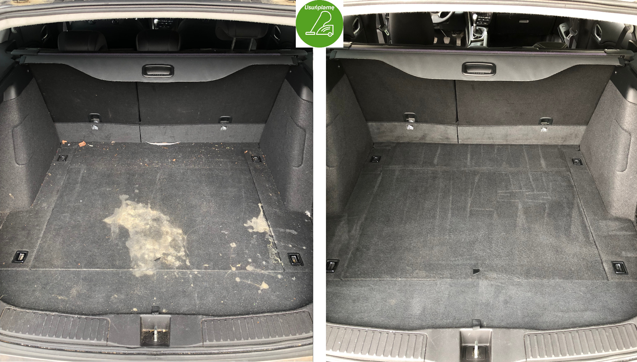 Porównanie bagażnika samochodu przed i po czyszczeniu: po lewej stronie widoczne plamy, brud i resztki, po prawej czysta, odświeżona powierzchnia dywanowa.