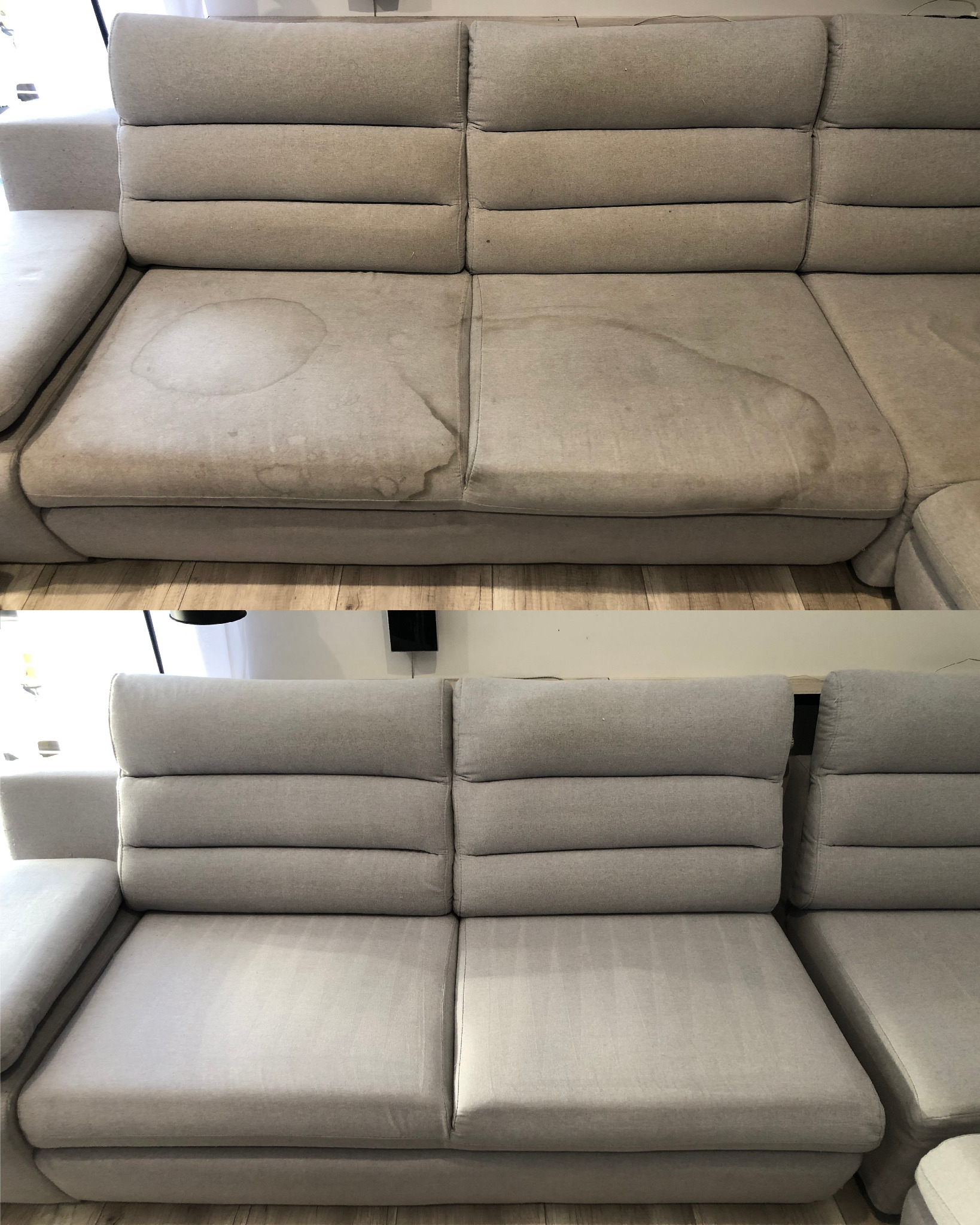 Beżowa sofa modułowa z widocznymi plamami na siedzisku przed czyszczeniem (górna połowa zdjęcia) i efekt po czyszczeniu (dolna połowa zdjęcia).