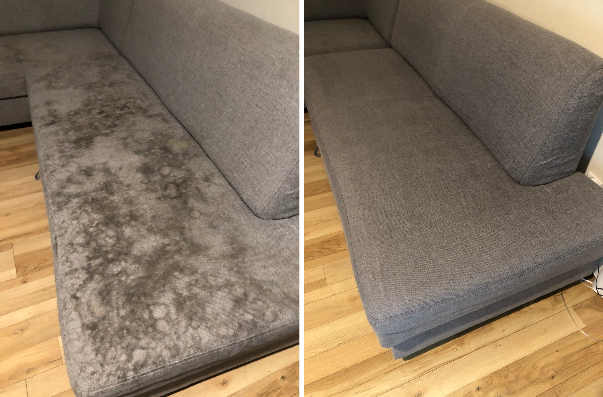 Szara kanapa narożna przed i po czyszczeniu, widoczne wyraźne plamy na lewej połowie i czysta tapicerka po prawej stronie na tle drewnianej podłogi.