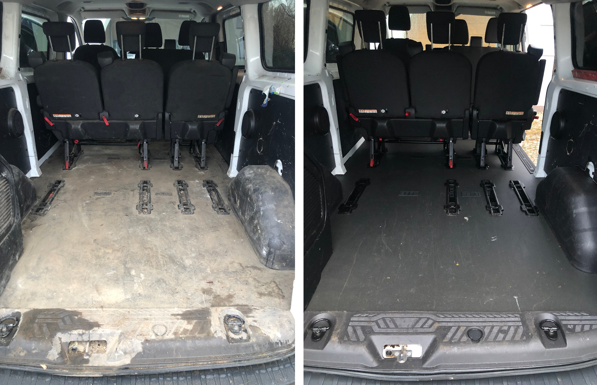 Porównanie stanu wnętrza furgonetki przed i po czyszczeniu: po lewej stronie brudna podłoga, po prawej czysta, z zamontowanymi siedzeniami.
