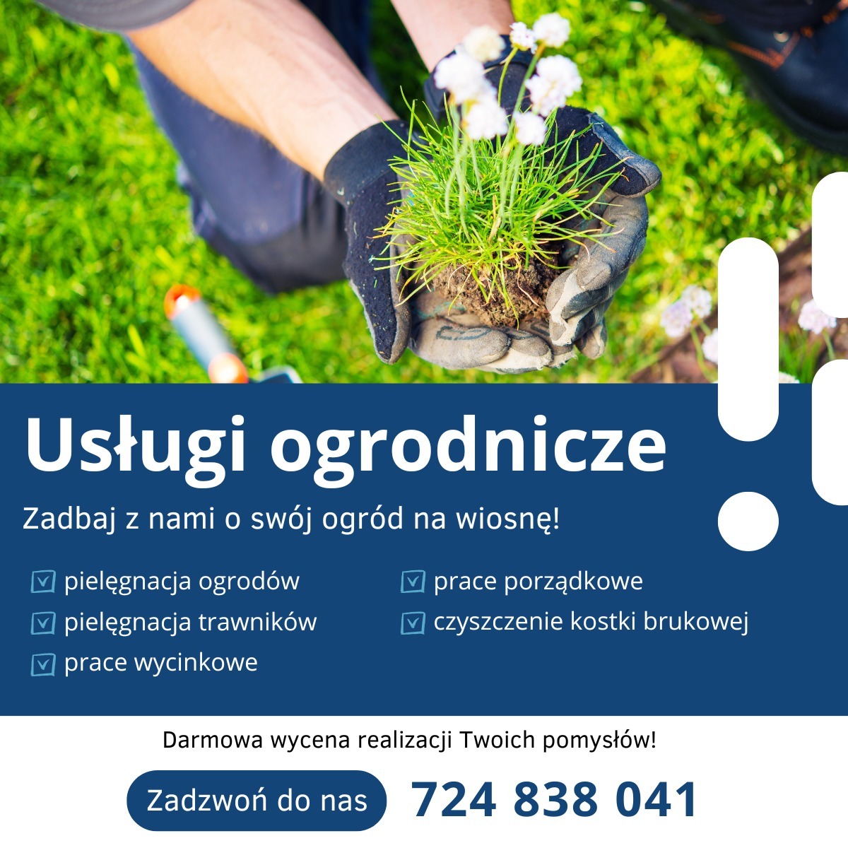 Dłonie w roboczych rękawicach trzymają sadzonkę z ziemią i białymi kwiatami, w tle trawa i fragment narzędzia ogrodniczego.