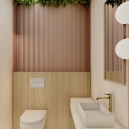 PP Paula Tylek - Nowoczesna łazienka z wiszącą toaletą, prostokątną umywalką na blacie z jasnego kamienia i dekoracyjną zielenią na suficie, oświetlona ciepłym światłem.