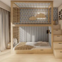 Pokój dziecięcy z drewnianym łóżkiem piętrowym, drabinką schodkową i dekoracjami w kształcie chmur. Neutralna kolorystyka, zabawki i zdjęcia na ścianie.