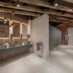 PP Paula Tylek - Nowoczesna toaleta publiczna z drewnianymi akcentami: sufit z belek, ściany z lameli, lustra z podświetleniem LED i metalowe umywalki. Minimalistyczny design.