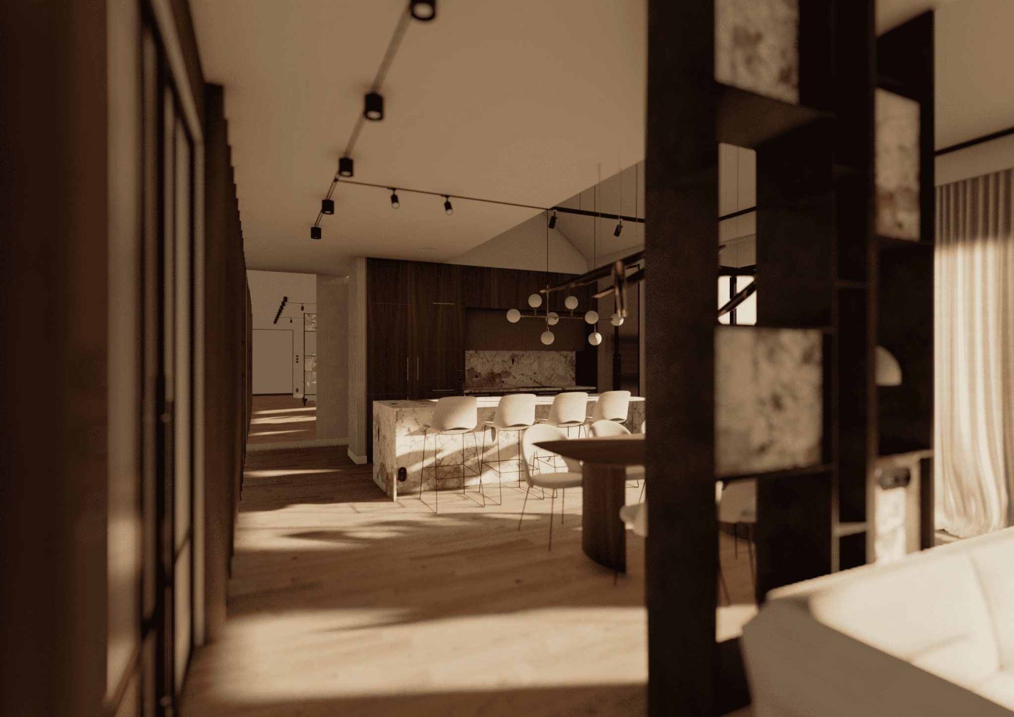 Wnętrze nowoczesnej kuchni z marmurową wyspą i białymi hokerami, widok z salonu przez ażurowy regał, oświetlenie punktowe na suficie, drewniana podłoga.