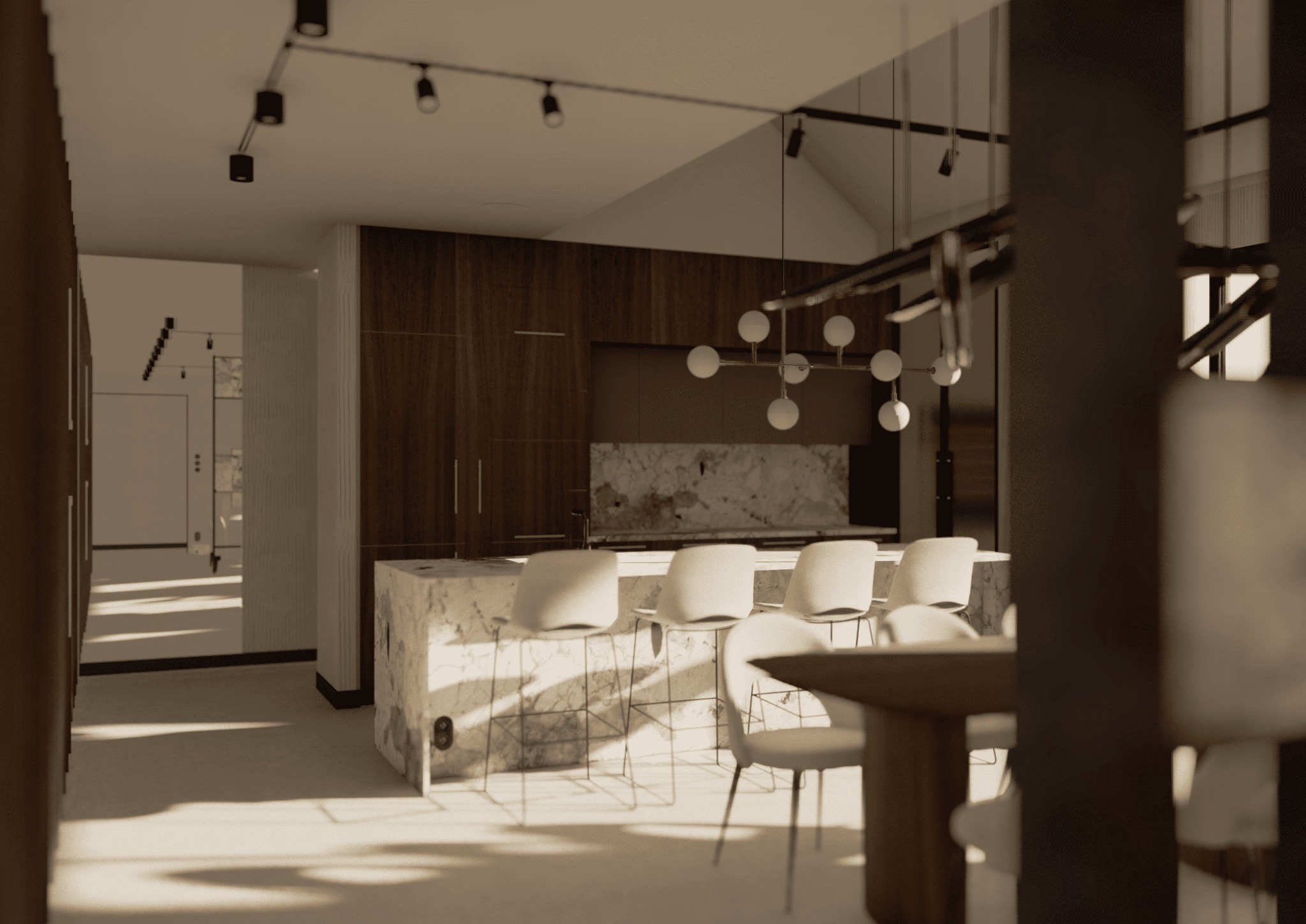 Wizualizacja wnętrza kuchni z marmurową wyspą i białymi hokerami, widok na salon z drewnianymi elementami i nowoczesnym oświetleniem.