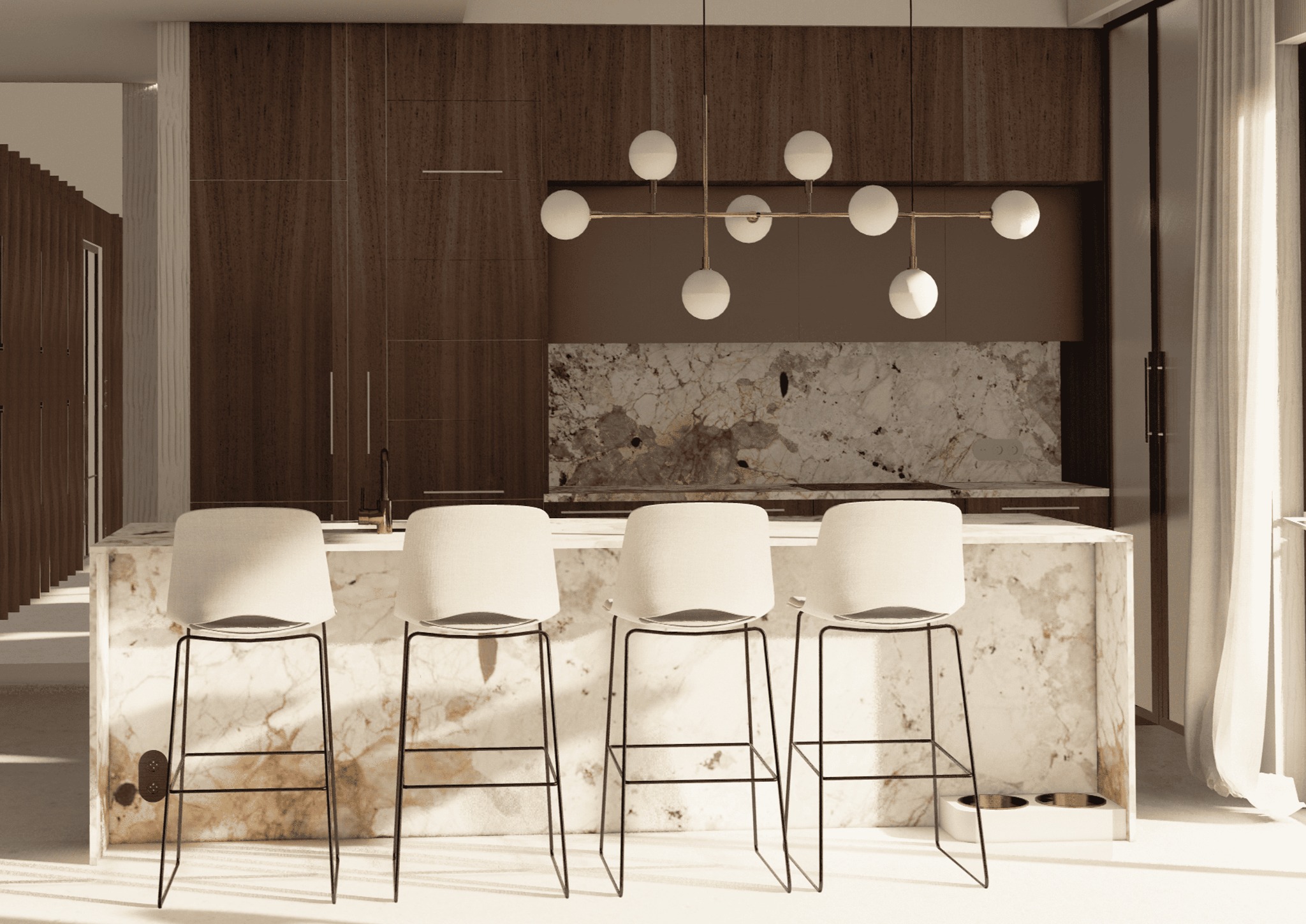 Nowoczesna kuchnia z marmurową wyspą i czterema białymi krzesłami barowymi na czarnych nogach, oświetlona designerską lampą z kulistymi kloszami. W tle zabudowa kuchenna z forniru w odcieniach...
