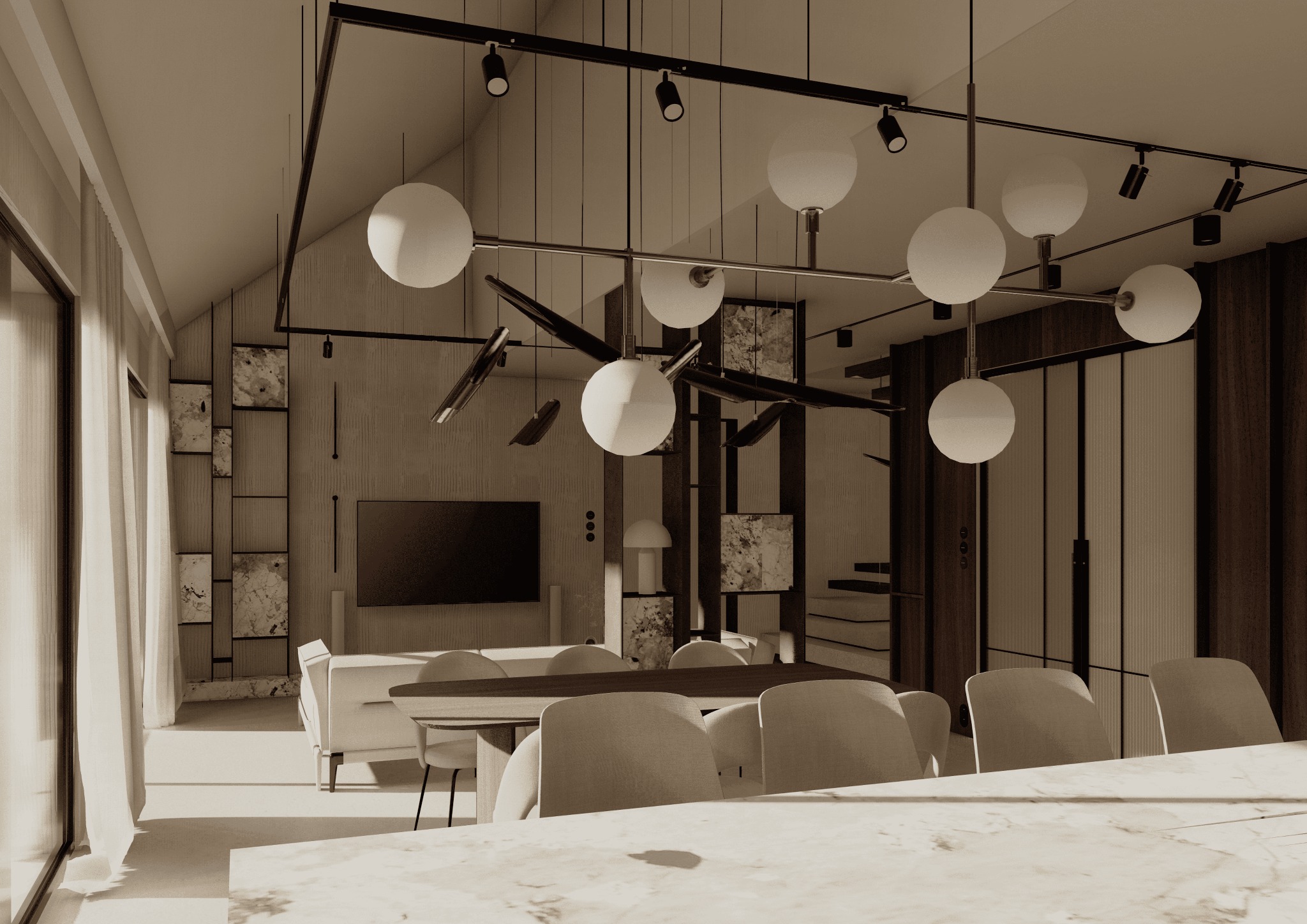 Sepia-tonowana wizualizacja salonu z jadalnią: stół z marmurowym blatem na pierwszym planie, w tle sofa, telewizor i dekoracyjne półki, oświetlenie sufitowe z okrągłymi kloszami.