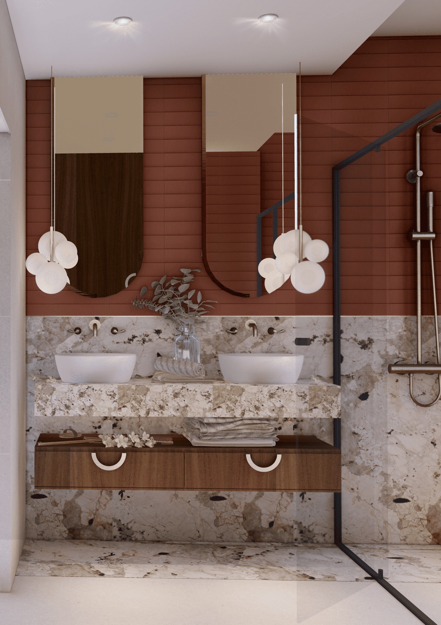 Nowoczesna łazienka z dwoma umywalkami nablatowymi, marmurowym blatem i ścianą z cegiełek w odcieniach terakoty, oświetlona wiszącymi lampami w kształcie kul. Widoczna kabina prysznicowa ze stali...