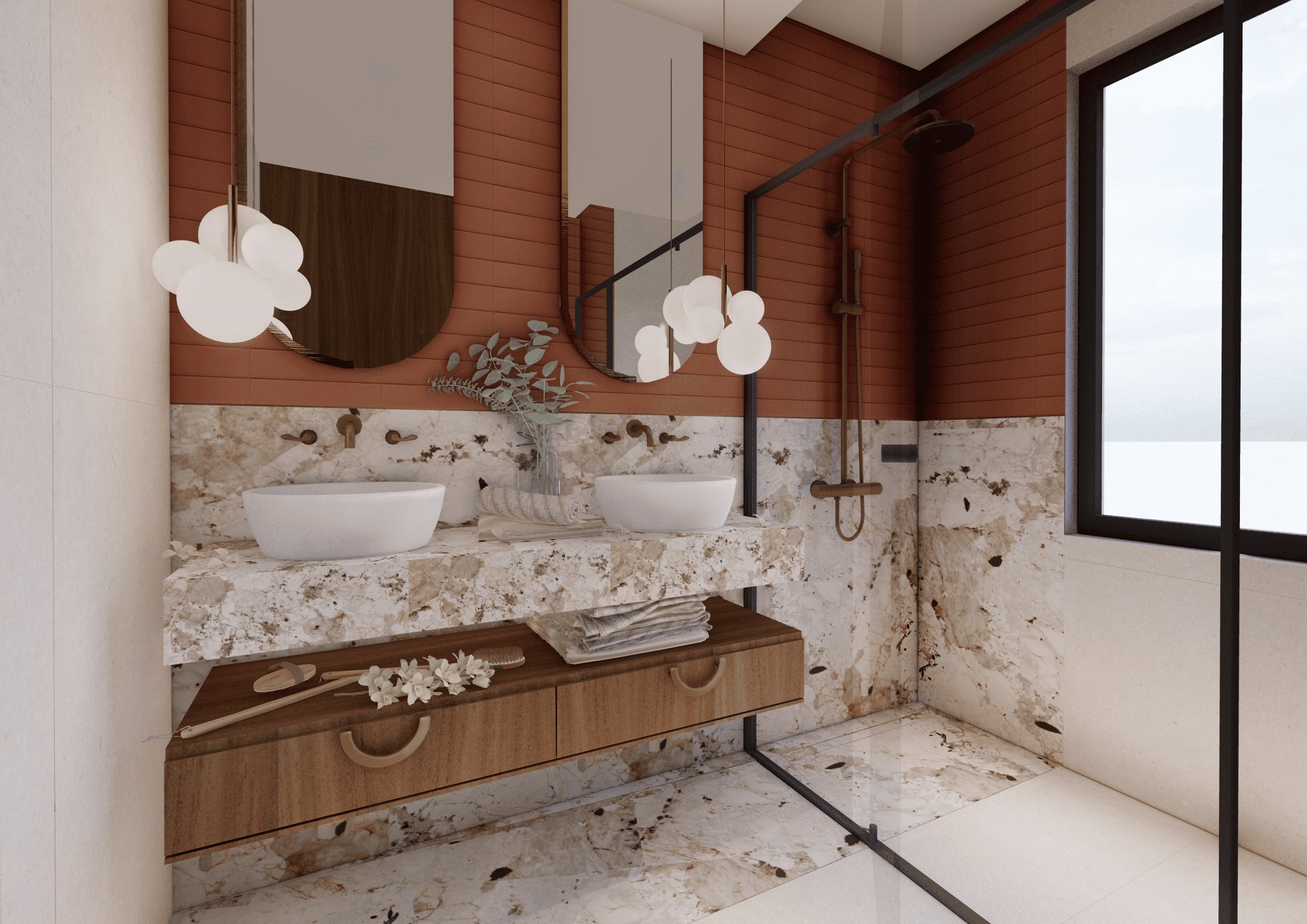Nowoczesna łazienka z dwoma umywalkami nablatowymi, marmurowym blatem i ścianami w odcieniach terakoty, oświetlona lampami w kształcie chmur i wyposażona w przeszkloną kabinę prysznicową z czarną...
