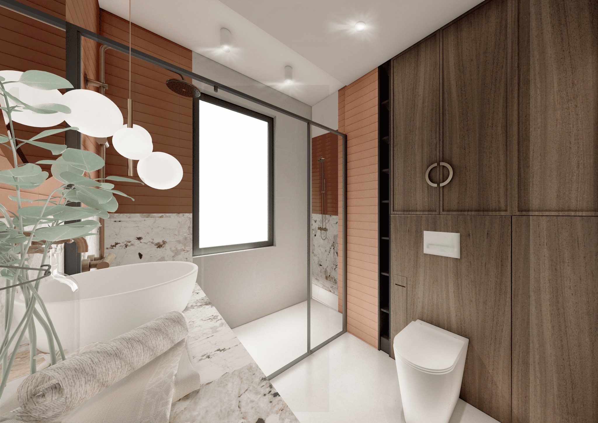 Nowoczesna łazienka z owalną umywalką na marmurowym blacie, szklaną kabiną prysznicową, wiszącą toaletą i zabudową z drewnianymi szafkami, oświetlona wiszącymi lampami kulami i rośliną w wazonie.