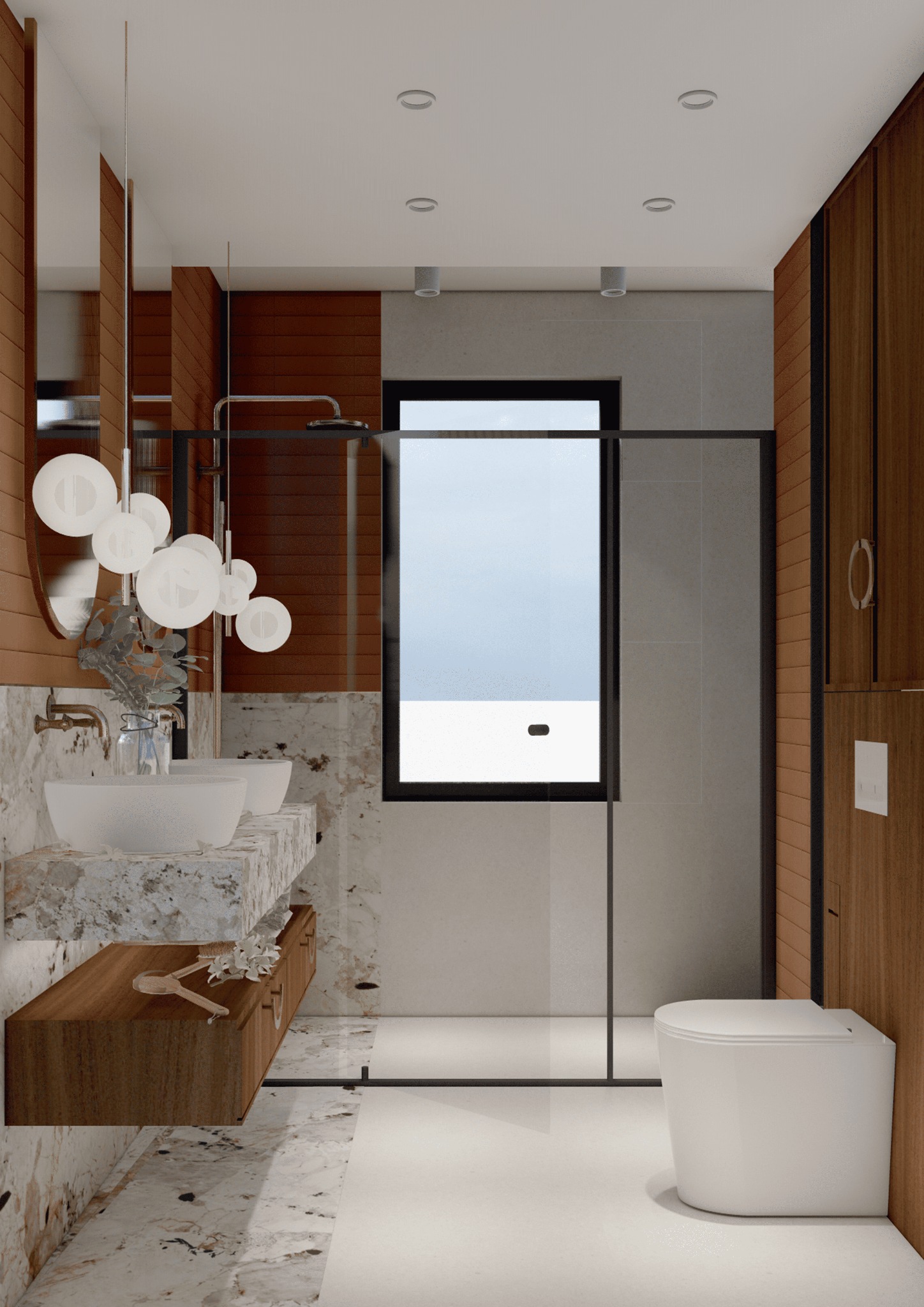Wizualizacja nowoczesnej łazienki z dwoma umywalkami na marmurowym blacie, drewnianą szafką pod umywalką, przeszklonym prysznicem typu walk-in i podwieszaną toaletą.