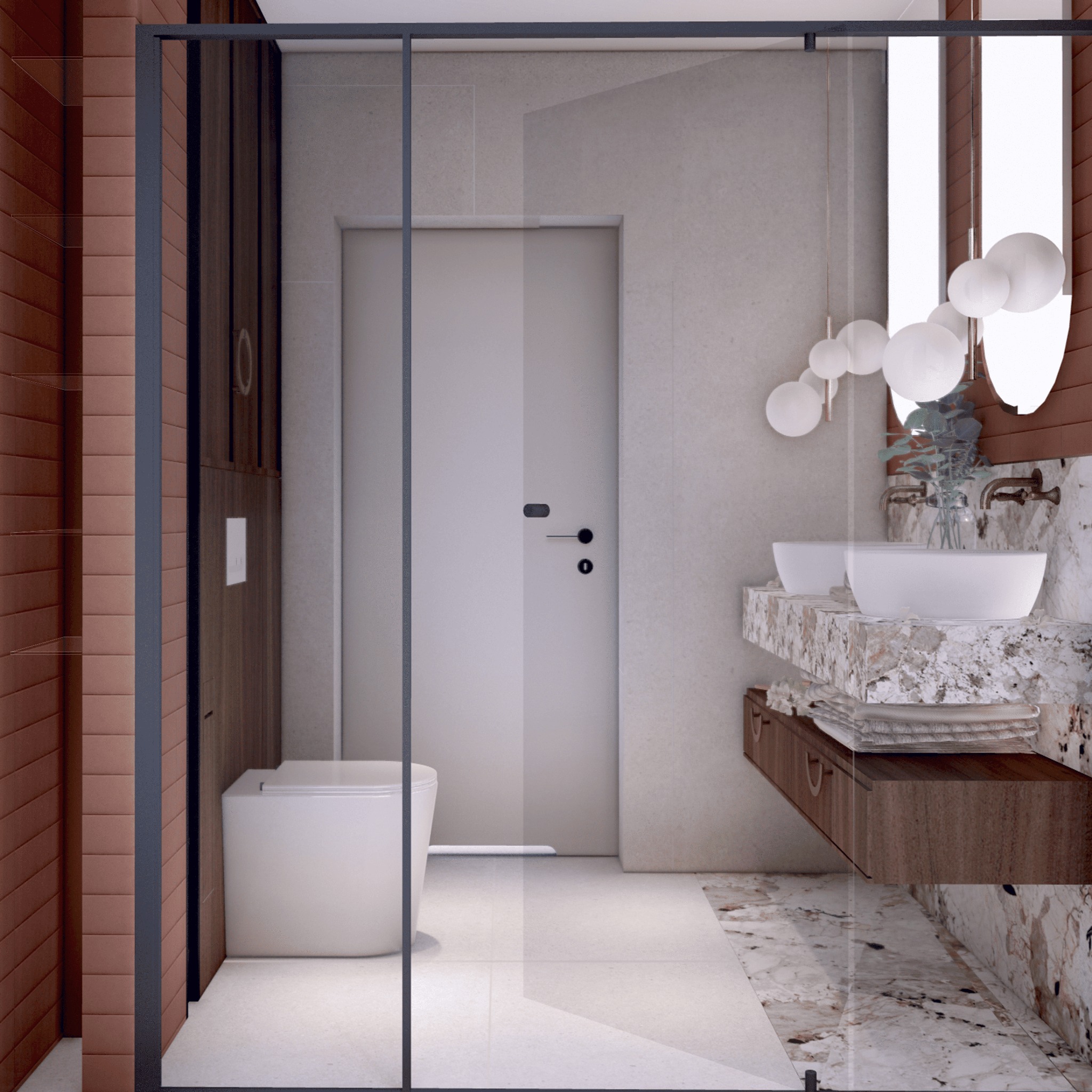 Wizualizacja nowoczesnej łazienki z dwoma umywalkami nablatowymi na blacie z marmuru, podwieszaną szafką z drewna, toaletą typu Geberit i oświetleniem w postaci szklanych kul.