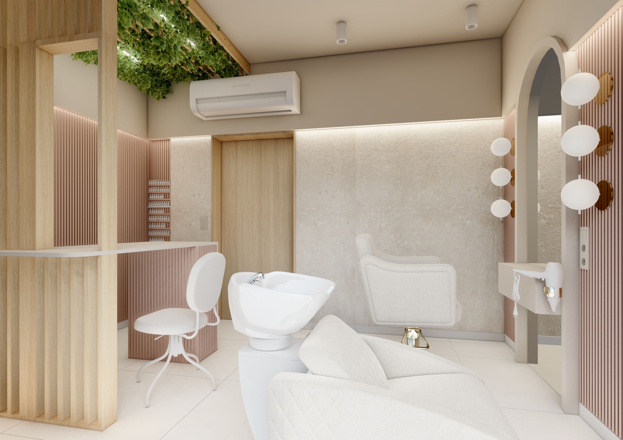 Wizualizacja wnętrza salonu fryzjerskiego w Nowym Sączu, z białymi meblami, stanowiskiem do mycia włosów, lustrem z oświetleniem i dekoracyjną zielenią pod sufitem.