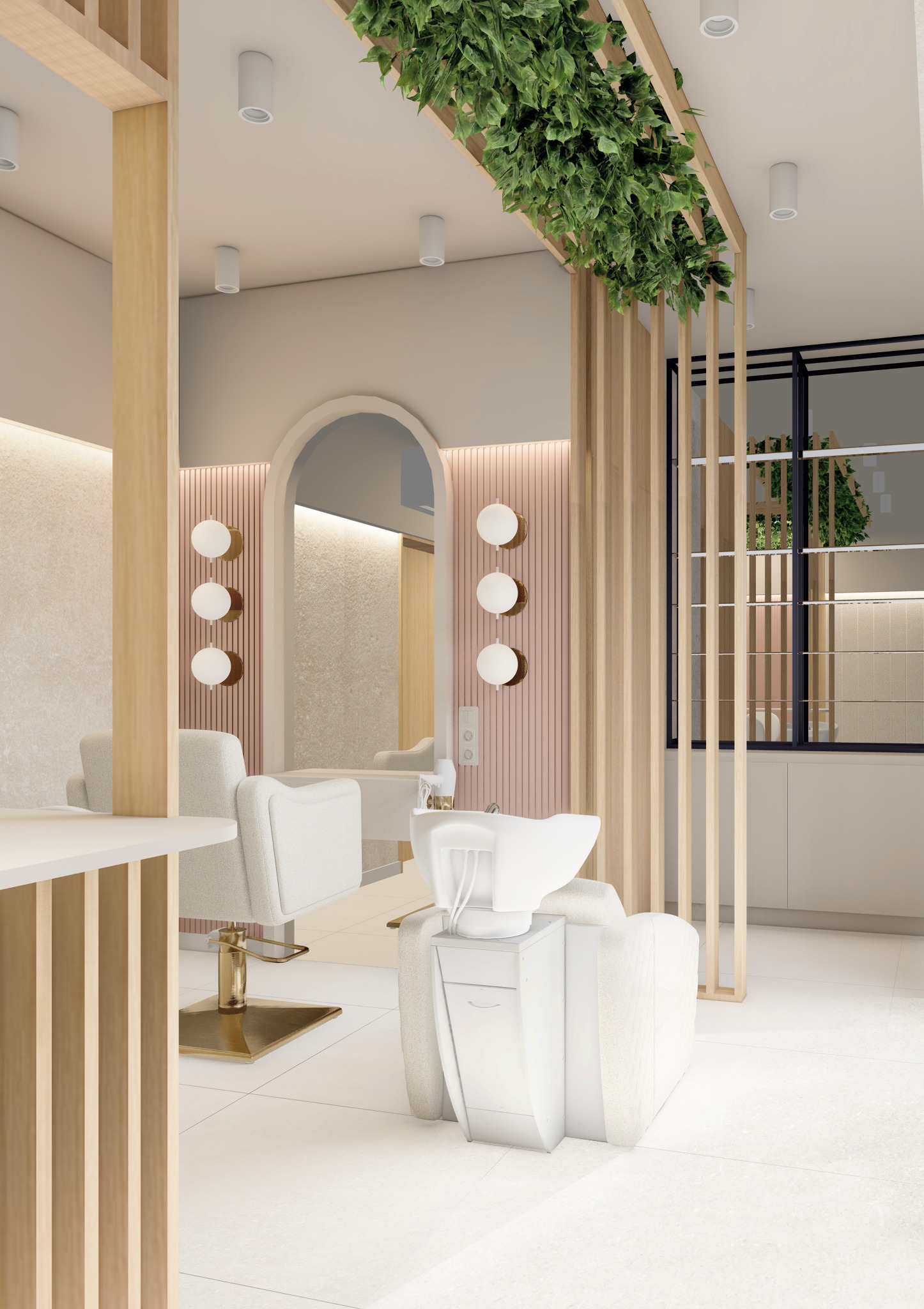 Wizualizacja wnętrza salonu fryzjerskiego z białymi fotelami, stanowiskiem do mycia włosów, ścianą w różowe pionowe paski z okrągłymi lampami i drewnianą konstrukcją z zielenią.