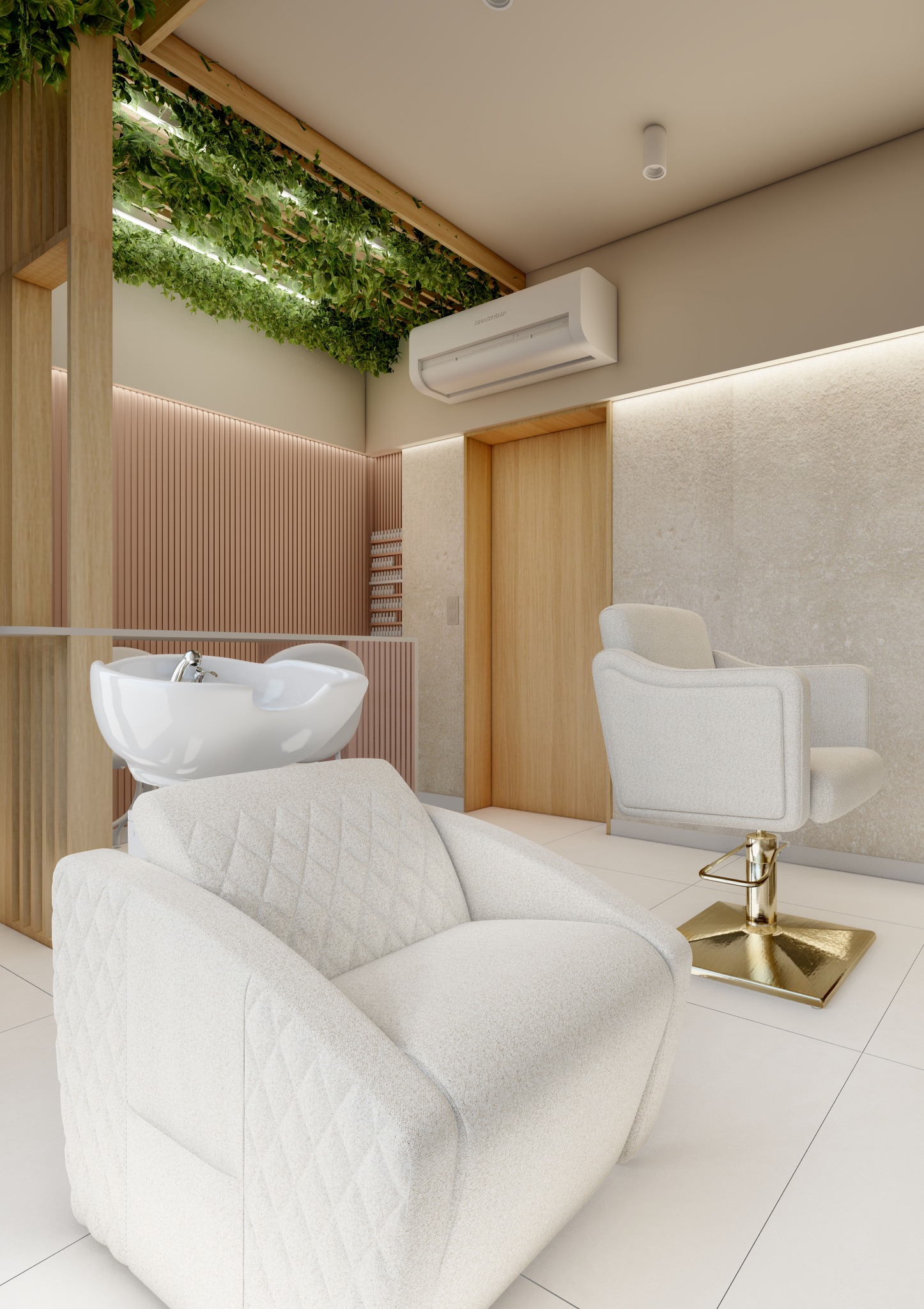 Wnętrze salonu fryzjerskiego z dwoma białymi fotelami z pikowaną tapicerką, myjnią fryzjerską i drewnianymi elementami dekoracyjnymi z roślinami na suficie.