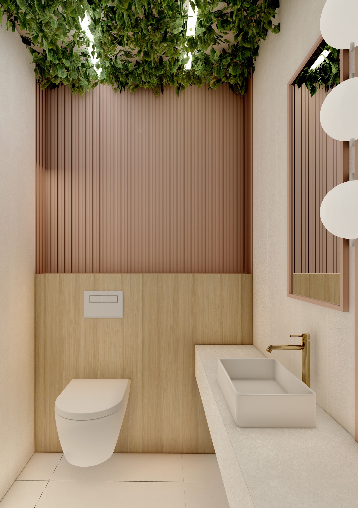 Nowoczesna łazienka z wiszącą toaletą, prostokątną umywalką na blacie z jasnego kamienia i dekoracyjną zielenią na suficie, oświetlona ciepłym światłem.