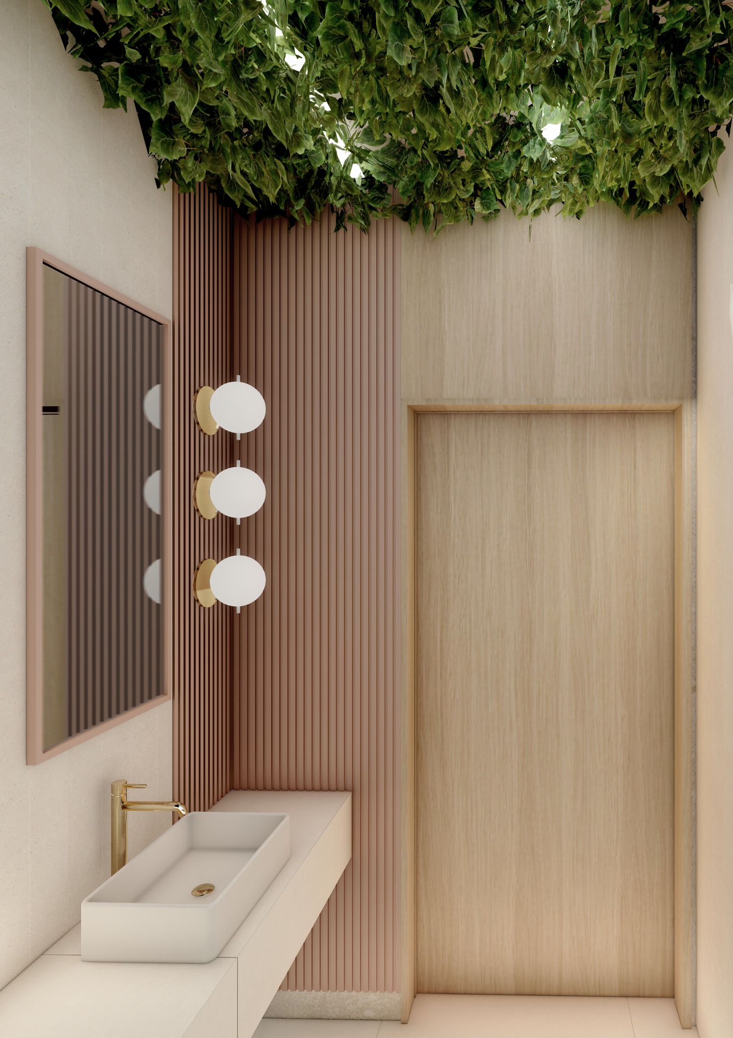 Nowoczesna łazienka z umywalką nablatową, złotą armaturą, lustrem w różowej ramie, oświetleniem punktowym i zielenią zwisającą z sufitu.