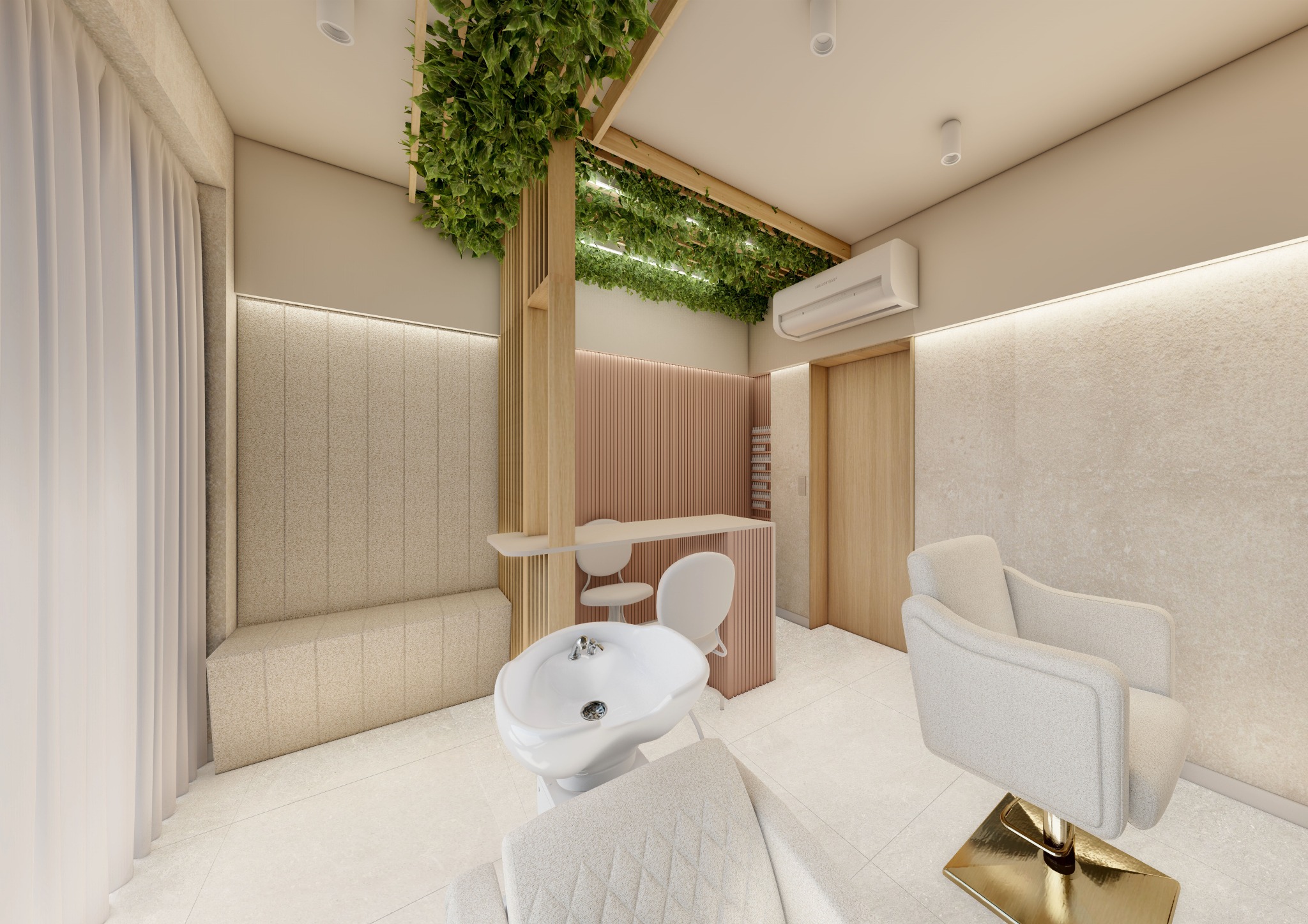 Wnętrze salonu fryzjerskiego z białym fotelem, umywalką i roślinami zwisającymi z drewnianej konstrukcji sufitu, oświetlonymi subtelnym światłem.