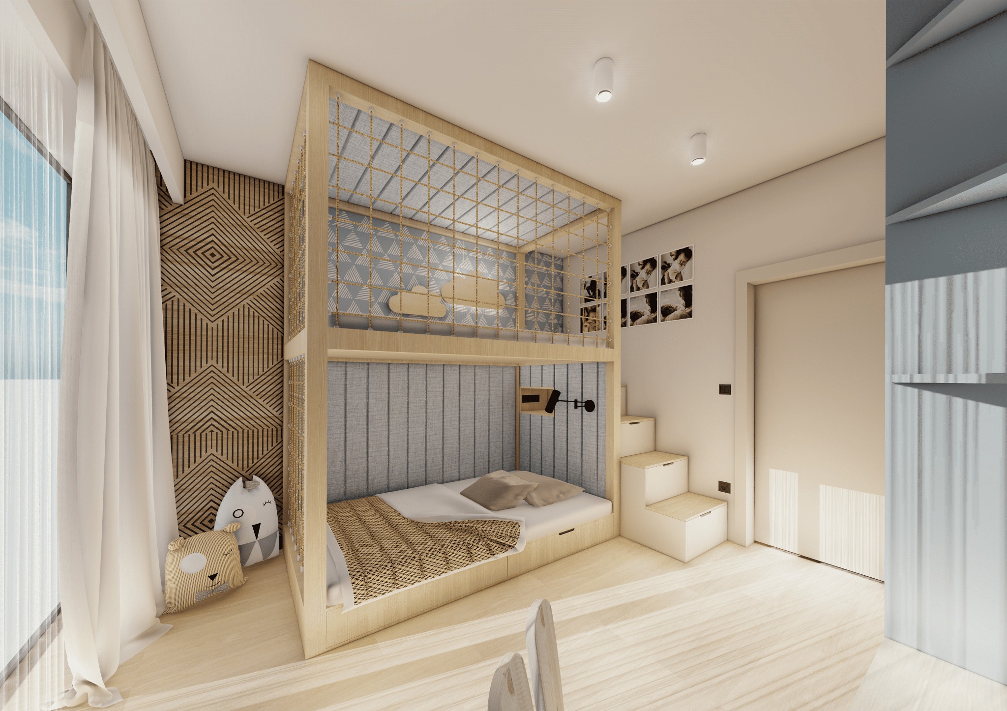 Pokój dziecięcy z łóżkiem piętrowym w drewnianej ramie z siatką, jasnymi ścianami i drewnianą okładziną. Dodatkowo poduszki dekoracyjne i schody do górnego łóżka.