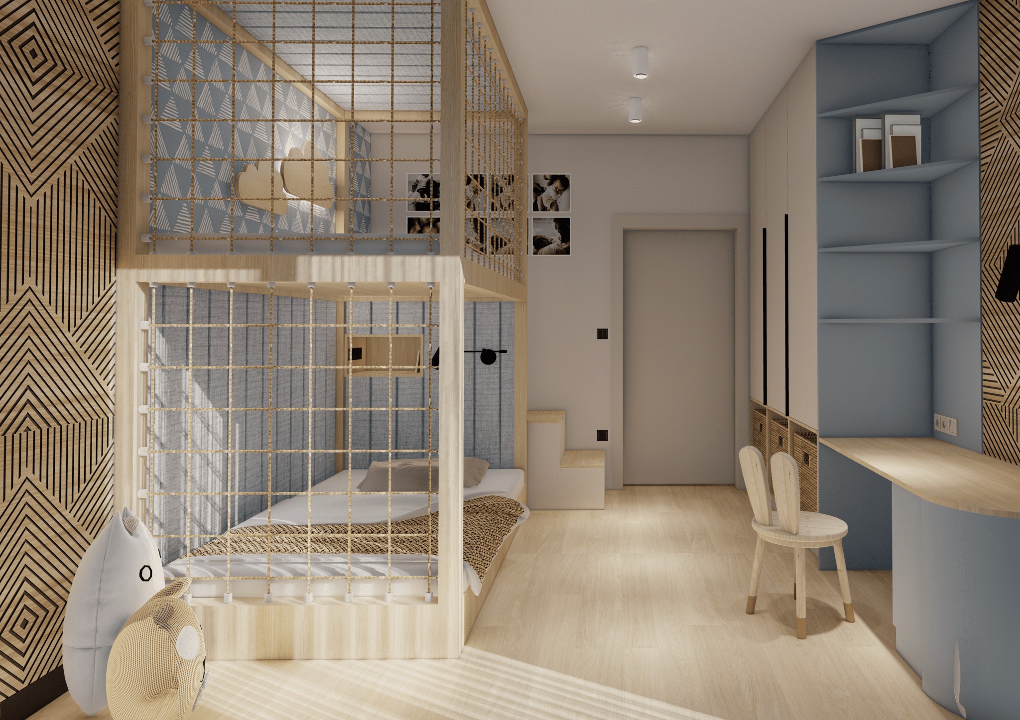 Wizualizacja pokoju dziecięcego z łóżkiem piętrowym w stylu skandynawskim. Drewniane elementy, pastelowe kolory, dekoracyjna ściana z geometrycznym wzorem.