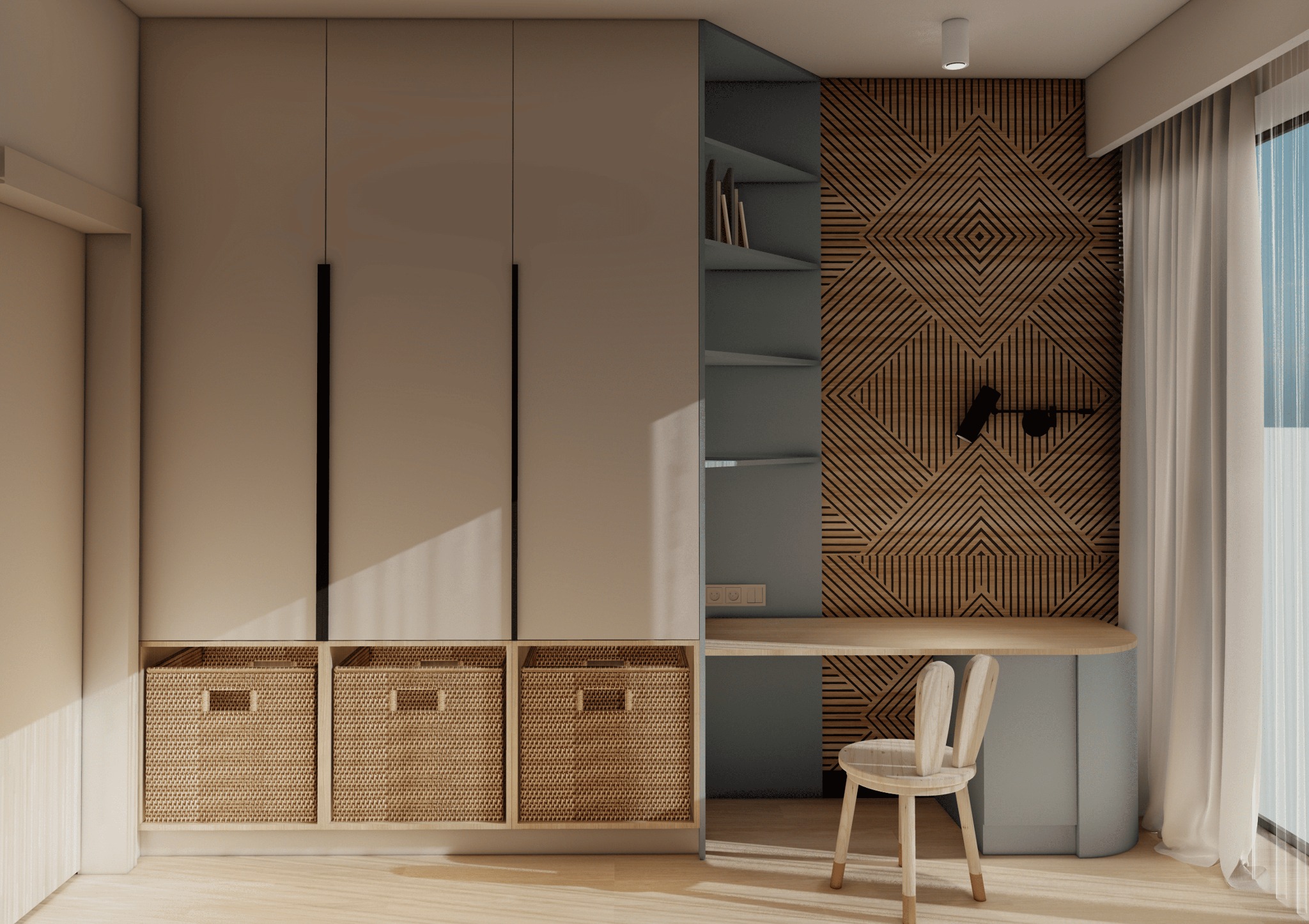 Funkcjonalny pokój dziecięcy: szafa z koszami, biurko z półkami i krzesłem na tle drewnianej ściany dekoracyjnej oraz okna z zasłonami. Ciepłe światło.