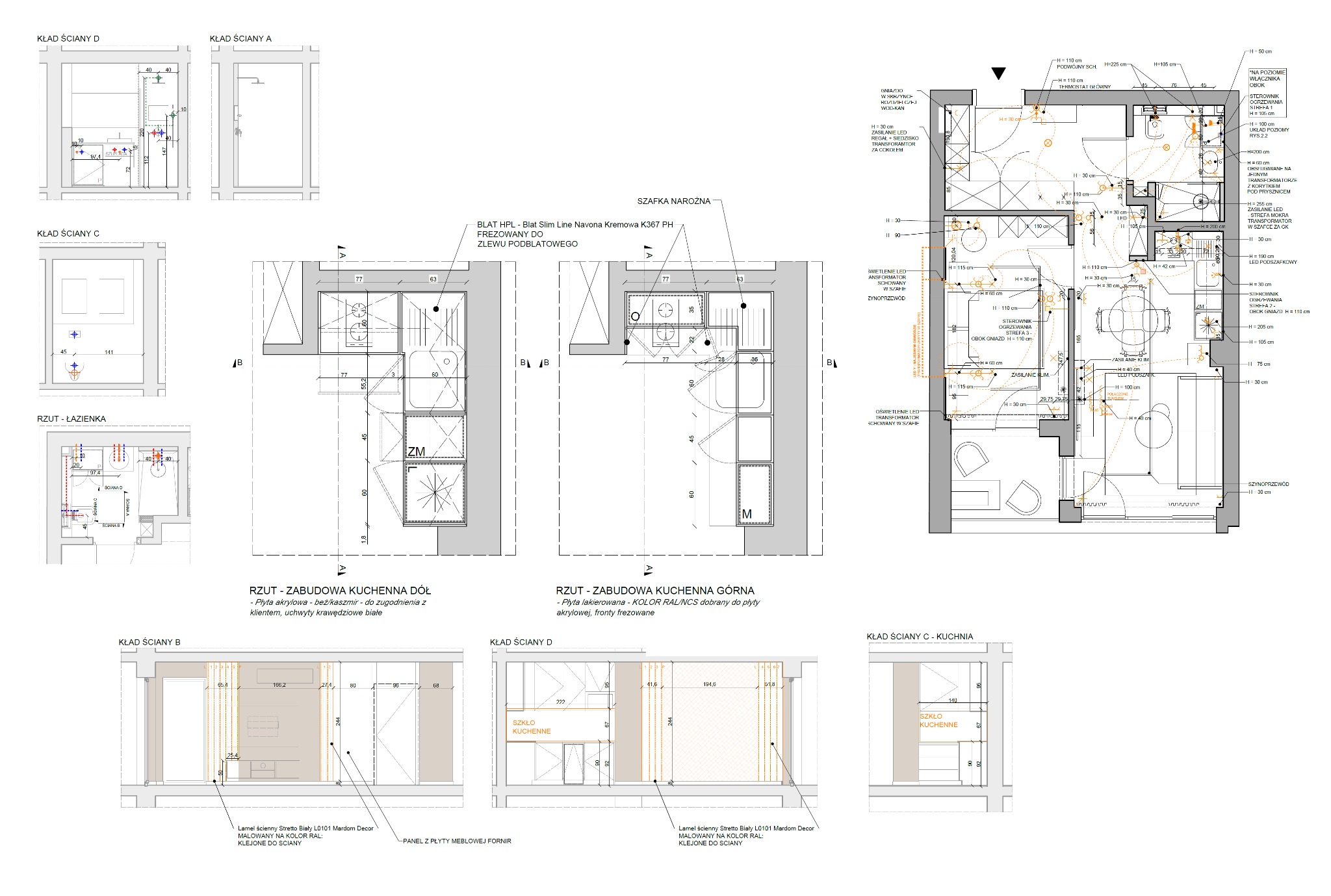 Rzut techniczny kuchni i łazienki z wymiarami, detalami zabudowy i instalacji. Widoczne plany ścian, rozmieszczenie sprzętów i oświetlenia. Precyzyjny rysunek architektoniczny.