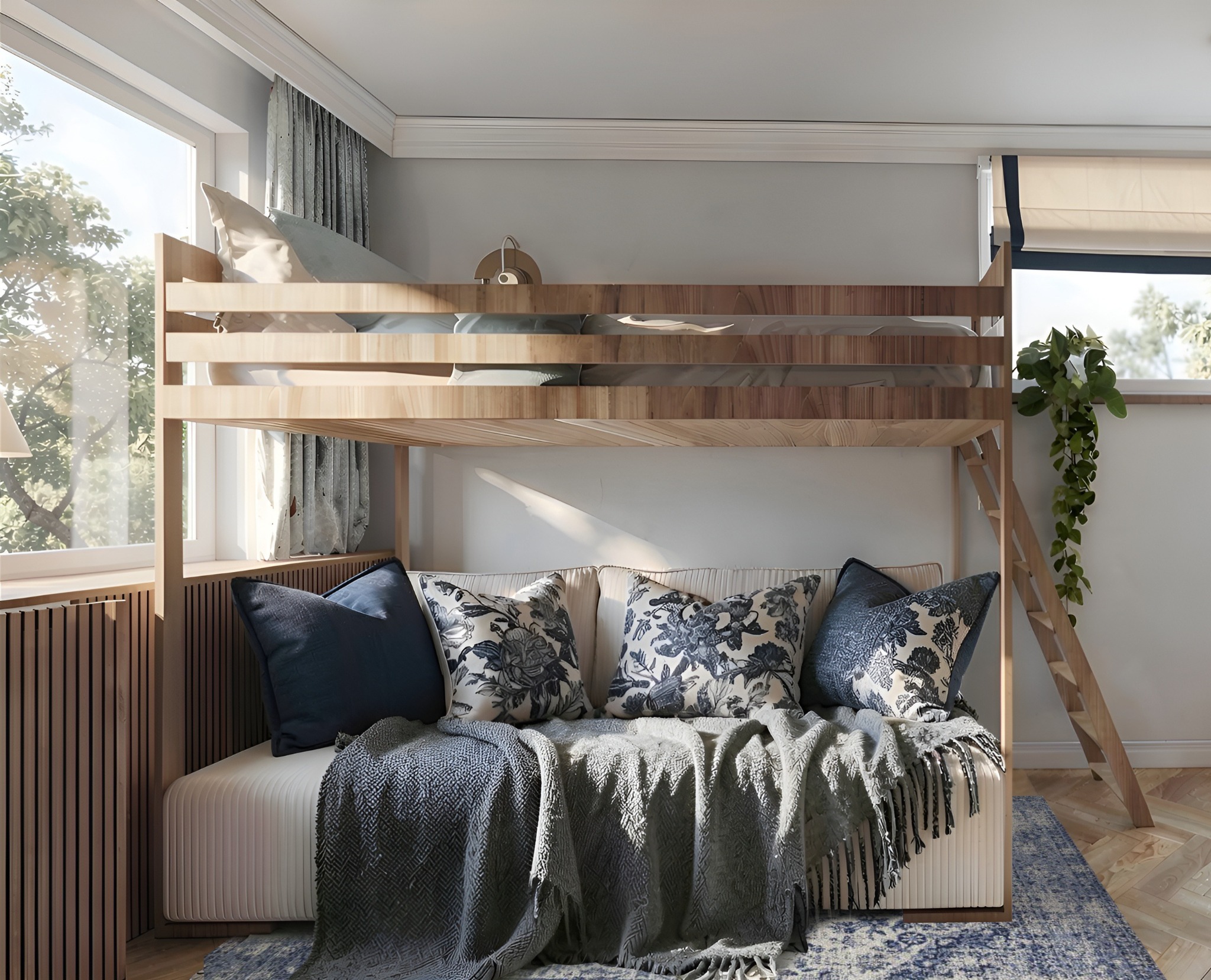 Pokój z łóżkiem piętrowym z drewna, sofą z poduszkami w kwiaty i pledem. Jasne wnętrze z oknami i drewnianymi panelami ściennymi. Roślina pnąca przy drabince.