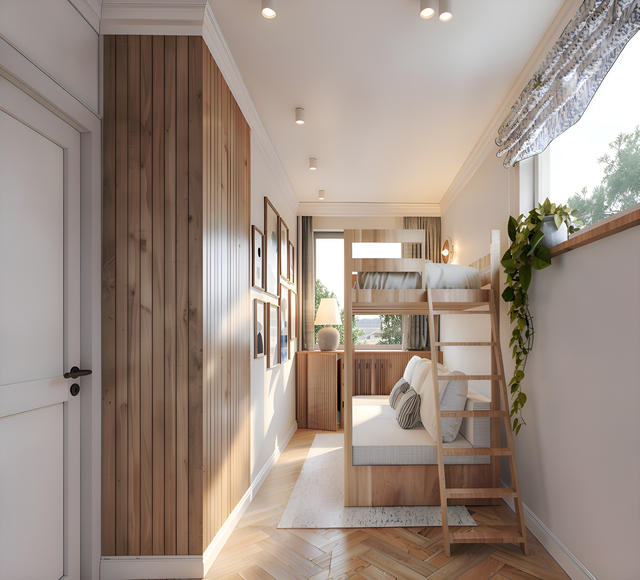 Pokój dziecięcy z łóżkiem piętrowym z drewna, drewnianą boazerią na ścianie i parkietem w jodełkę. Na parapecie doniczka z rośliną. Jasne, naturalne światło.