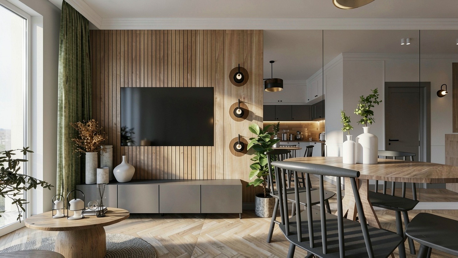 Jasne wnętrze salonu z drewnianą ścianą, telewizorem i okrągłym stołem. Widoczna kuchnia w tle. Parkiet w jodełkę, minimalistyczne lampy ścienne.