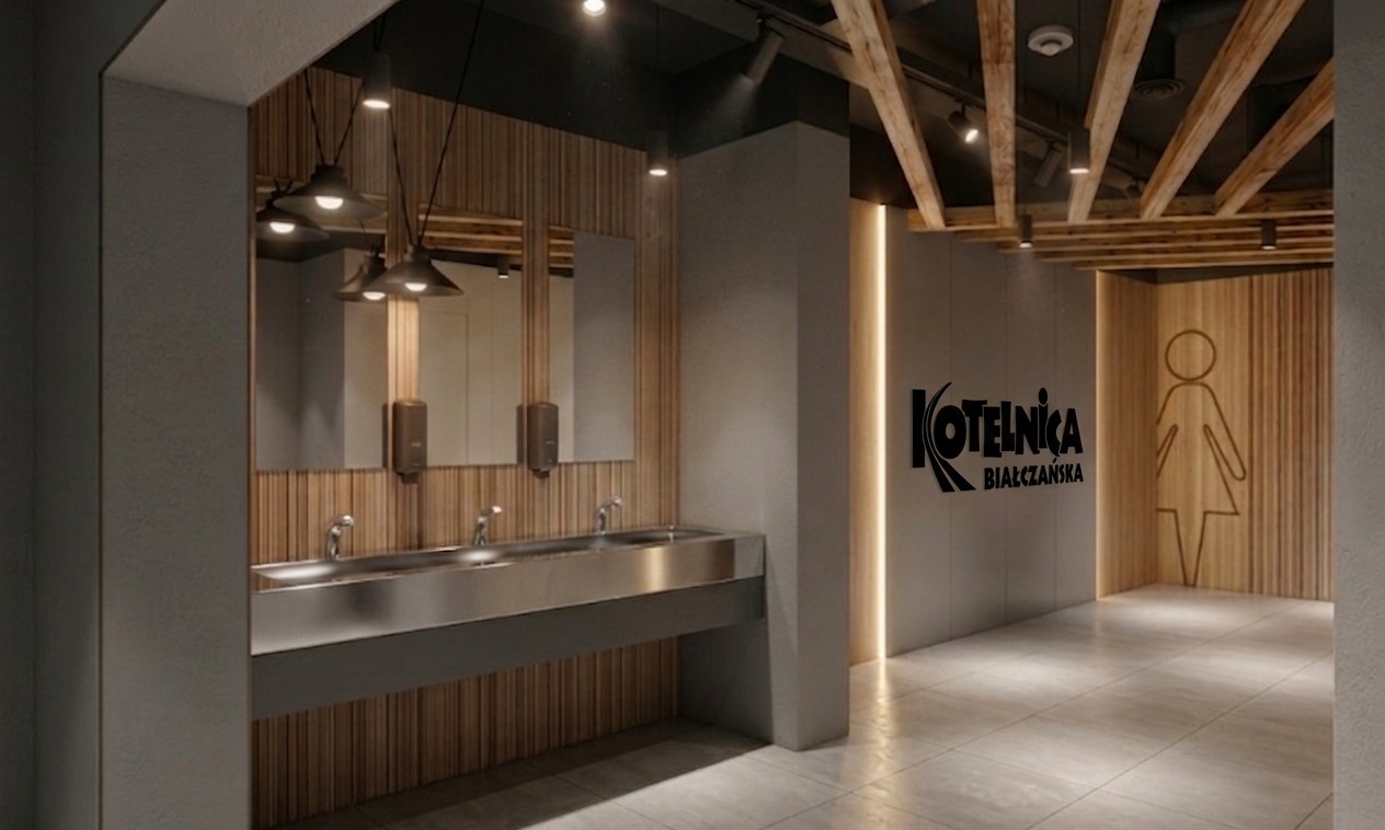 Nowoczesna toaleta publiczna z drewnianymi akcentami, lustrami i metalowymi umywalkami. Widoczny znak 'Kotelnica Białczańska' i piktogram kobiety.