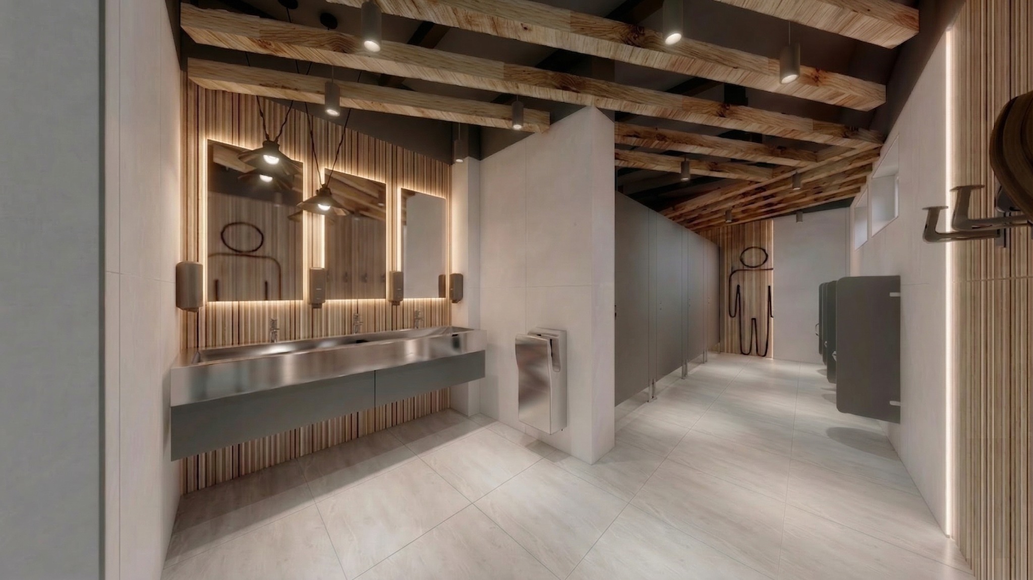 Nowoczesna toaleta publiczna z drewnianymi akcentami: sufit z belek, ściany z lameli, lustra z podświetleniem LED i metalowe umywalki. Minimalistyczny design.