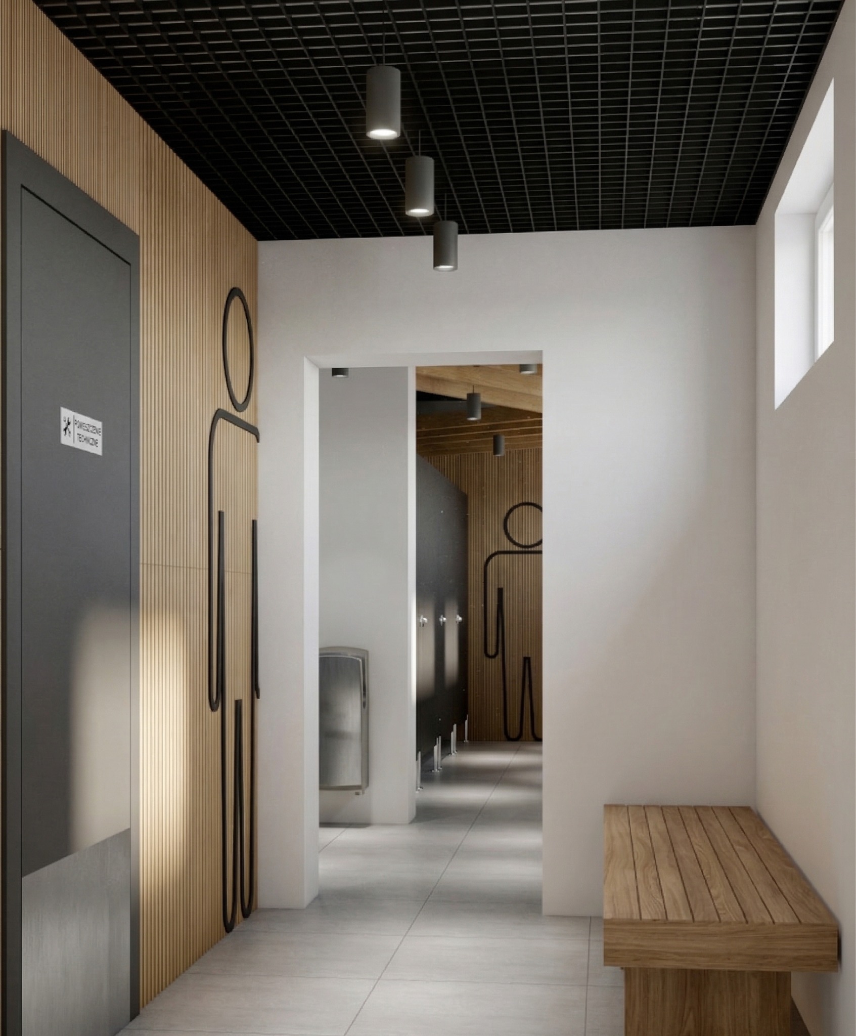 Nowoczesna toaleta publiczna z drewnianymi panelami, czarnymi piktogramami postaci i surowym oświetleniem. Minimalistyczny design z ławką z jasnego drewna.
