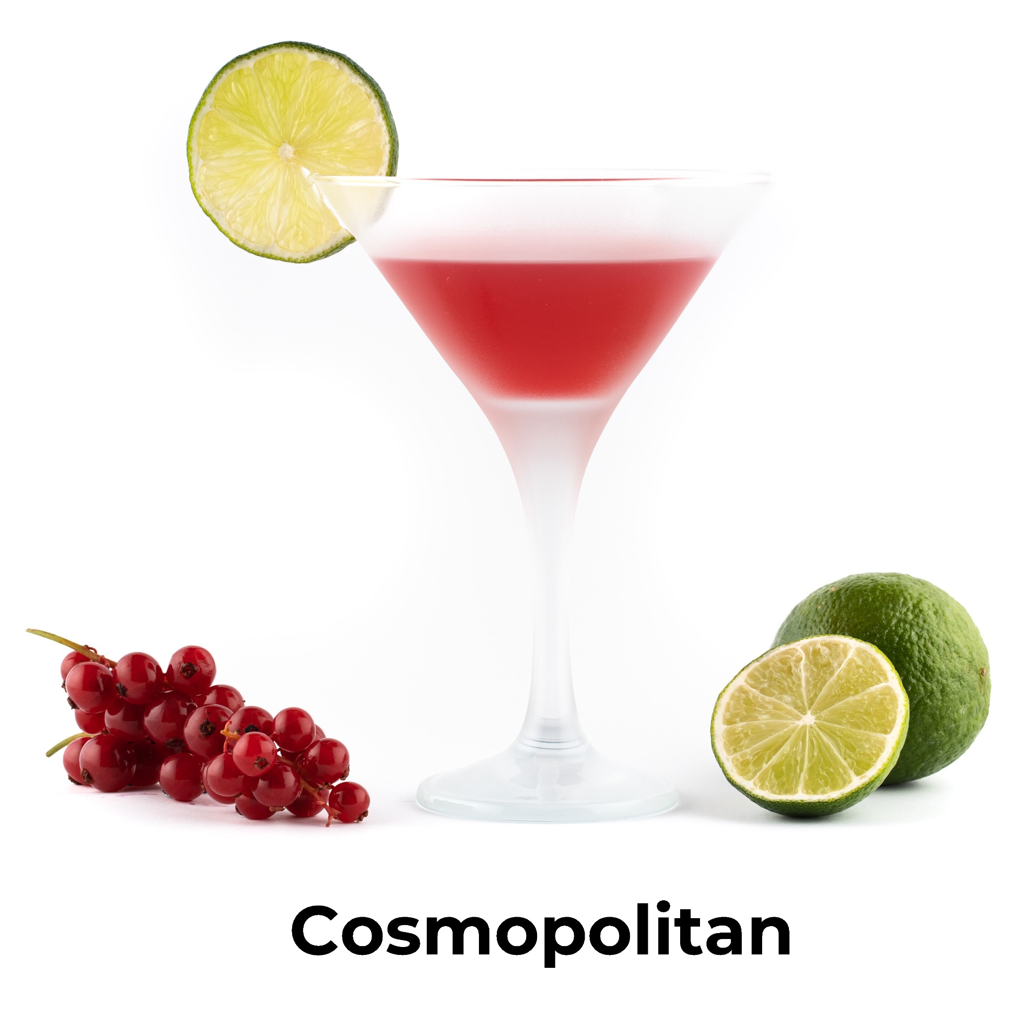 Kieliszek koktajlowy z różowym napojem, udekorowany plasterkiem limonki, obok pęczek czerwonych porzeczek i limonka, na białym tle.