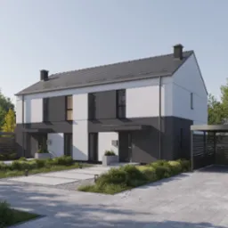 Nowoczesny bliźniak z grafitowym dachem i elewacją w odcieniach bieli i szarości, z minimalistycznym ogrodem i zadaszonym miejscem parkingowym.