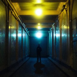 auernes - Postać w ciemnym tunelu z graffiti na ścianach, oświetlonym przez górne lampy tworzące atmosferyczny nastrój.